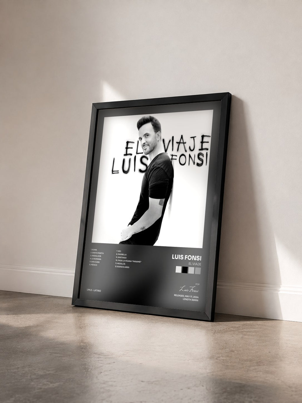 #noir Tableau de l'album El Viaje de Luis Fonsi vu de trois quarts, cadre noir