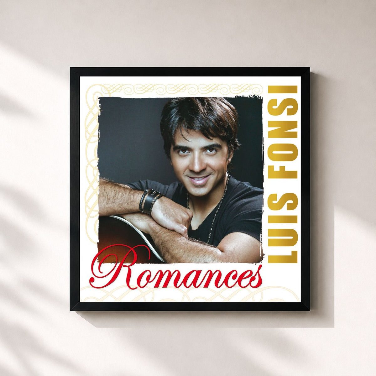 #noir Romances de Luis Fonsi en lámina cuadrada enmarcada, marco negro de 32x32 cm