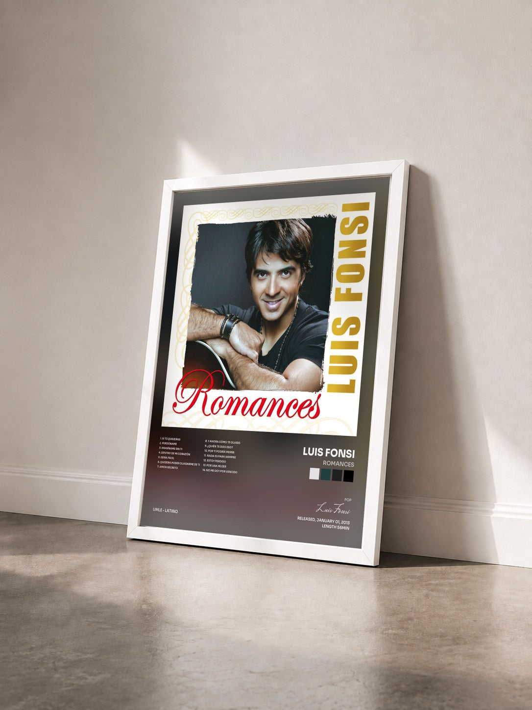 #blanc Romances de Luis Fonsi en lámina enmarcada vista de tres cuartos, marco blanco