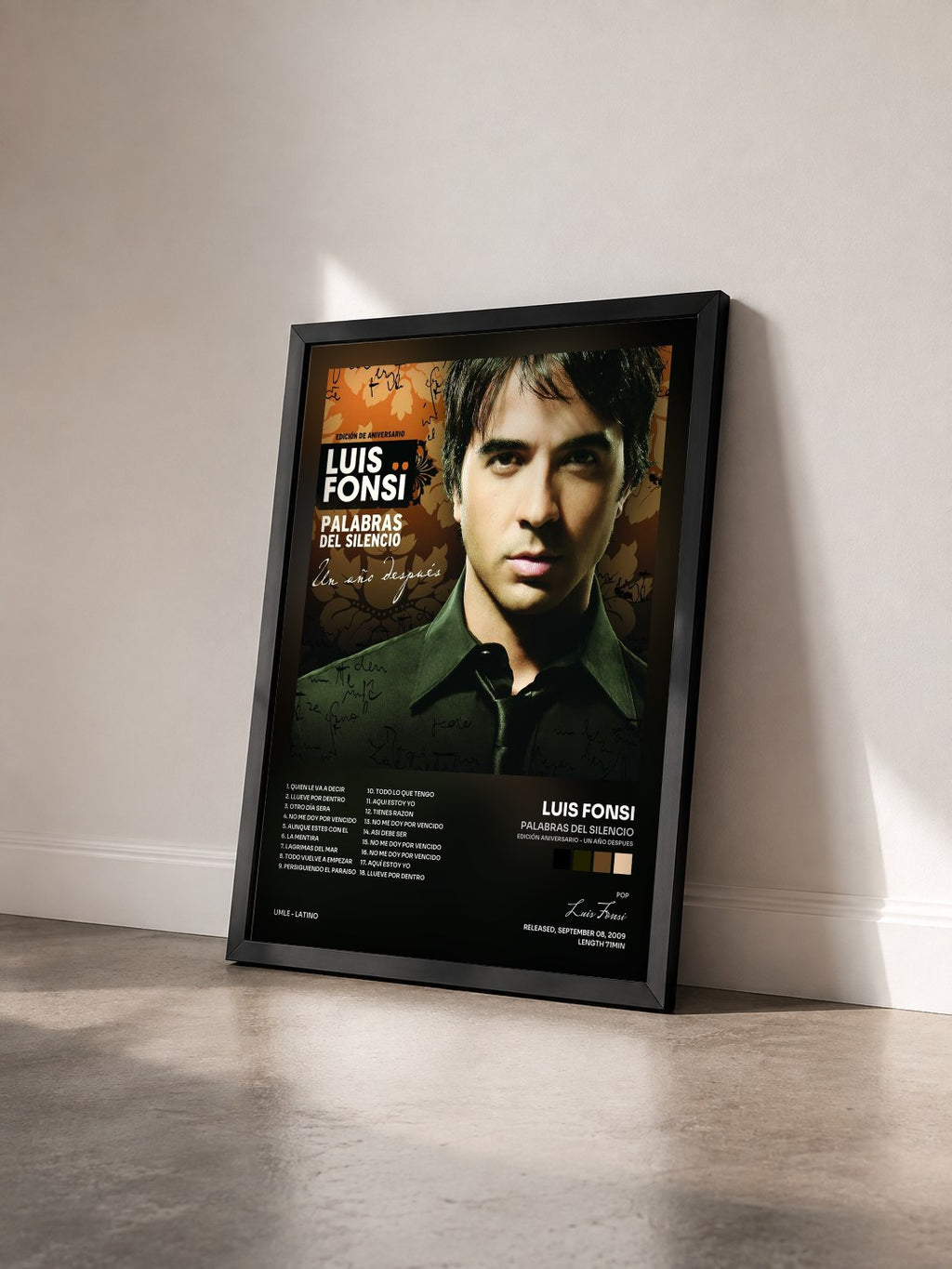 #noir Palabras Del Silencio (Edición Aniversario - Un Año Despues) di Luis Fonsi in stampa incorniciata vista di tre quarti, cornice nera