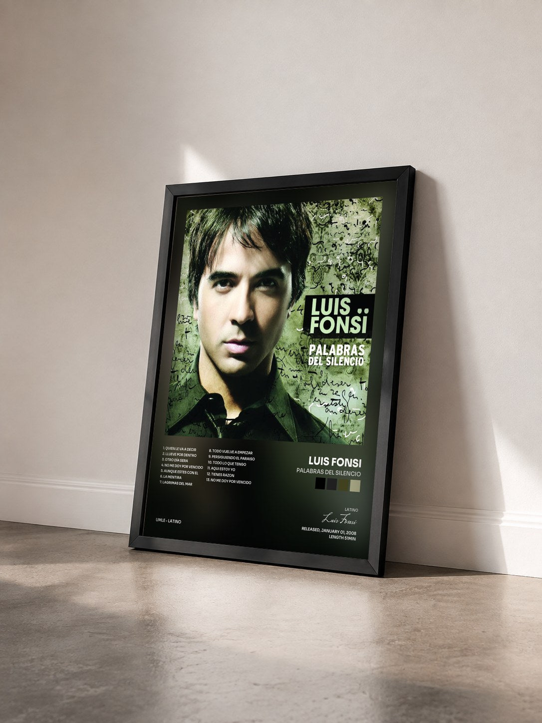 #noir Palabras Del Silencio de Luis Fonsi en lámina enmarcada vista de tres cuartos, marco negro