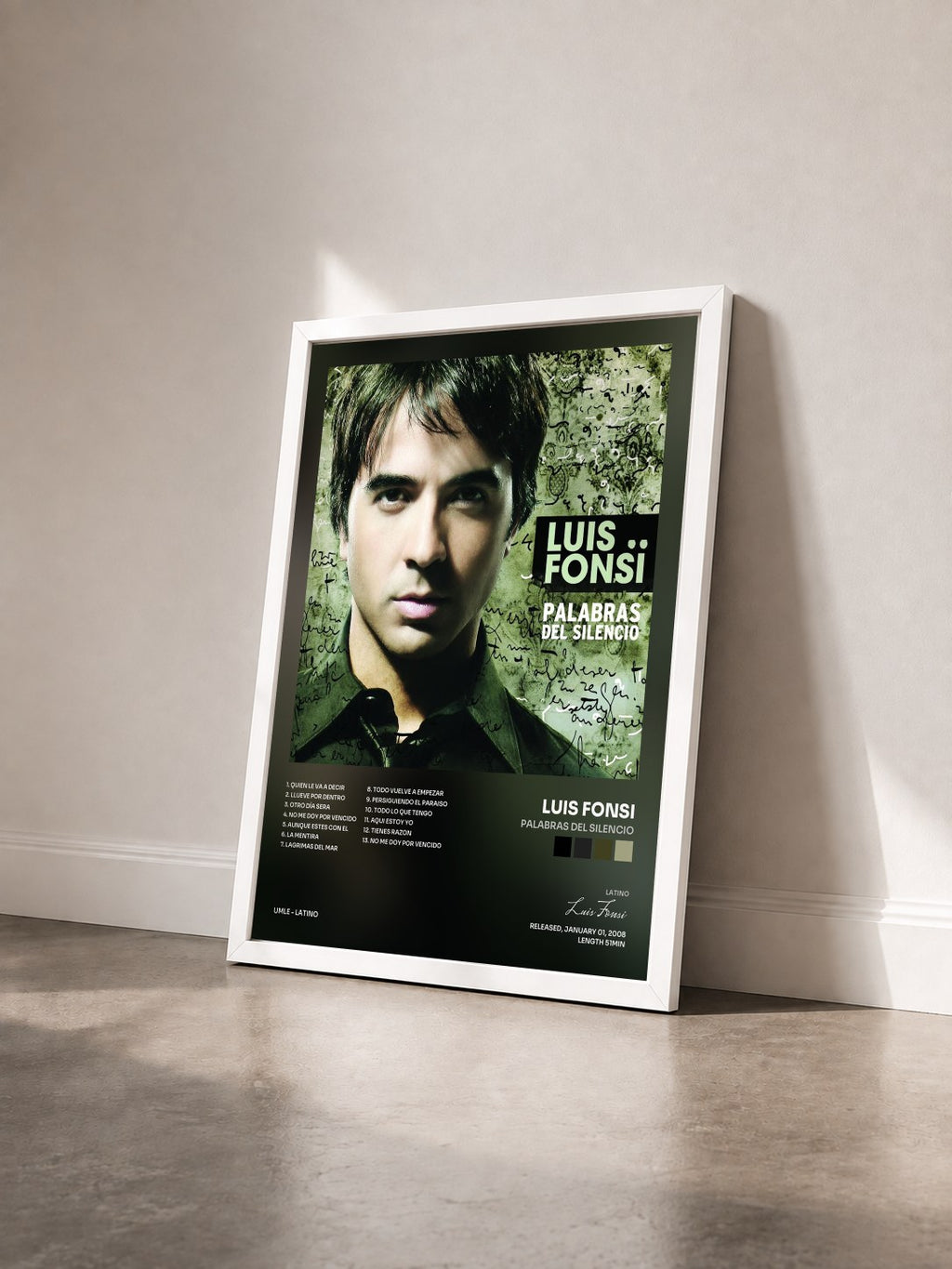 #blanc Palabras Del Silencio von Luis Fonsi als gerahmter Kunstdruck von schräg gesehen, weißer Rahmen