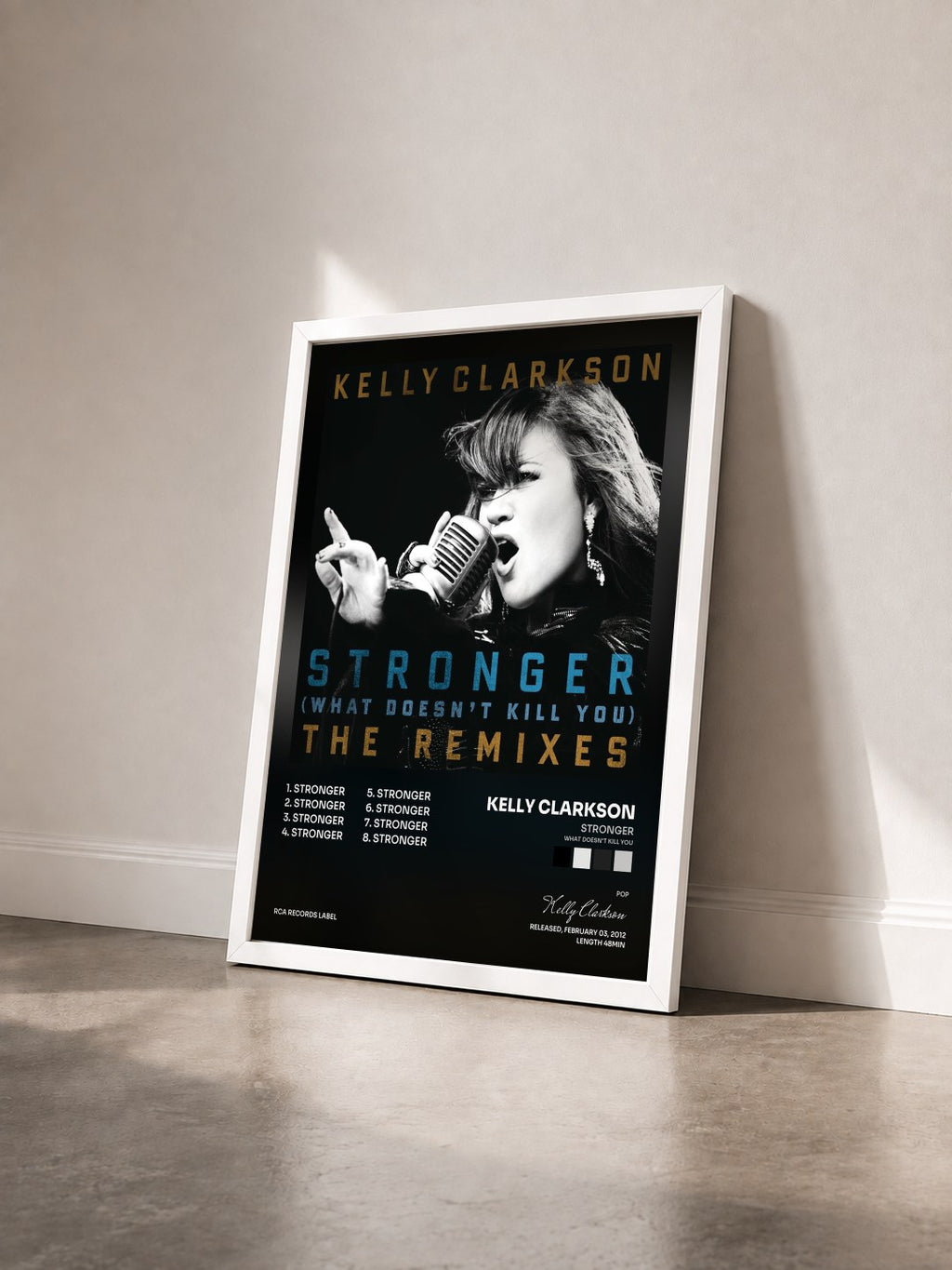 #blanc Stronger (What Doesn't Kill You) The Remixes de Kelly Clarkson en lámina enmarcada vista de tres cuartos, marco blanco
