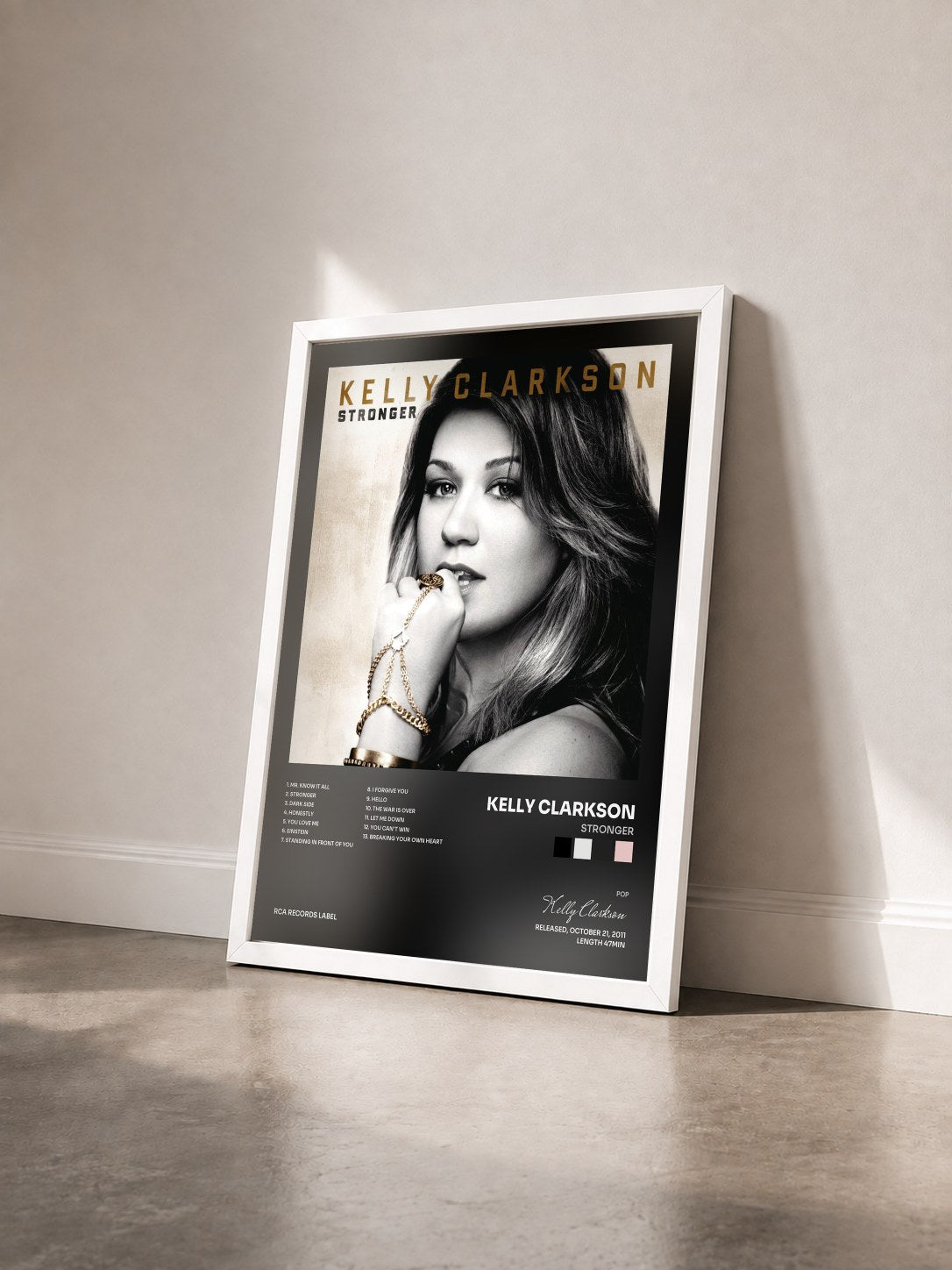 #blanc Tableau de l'album Stronger de Kelly Clarkson vu de trois quarts, cadre blanc