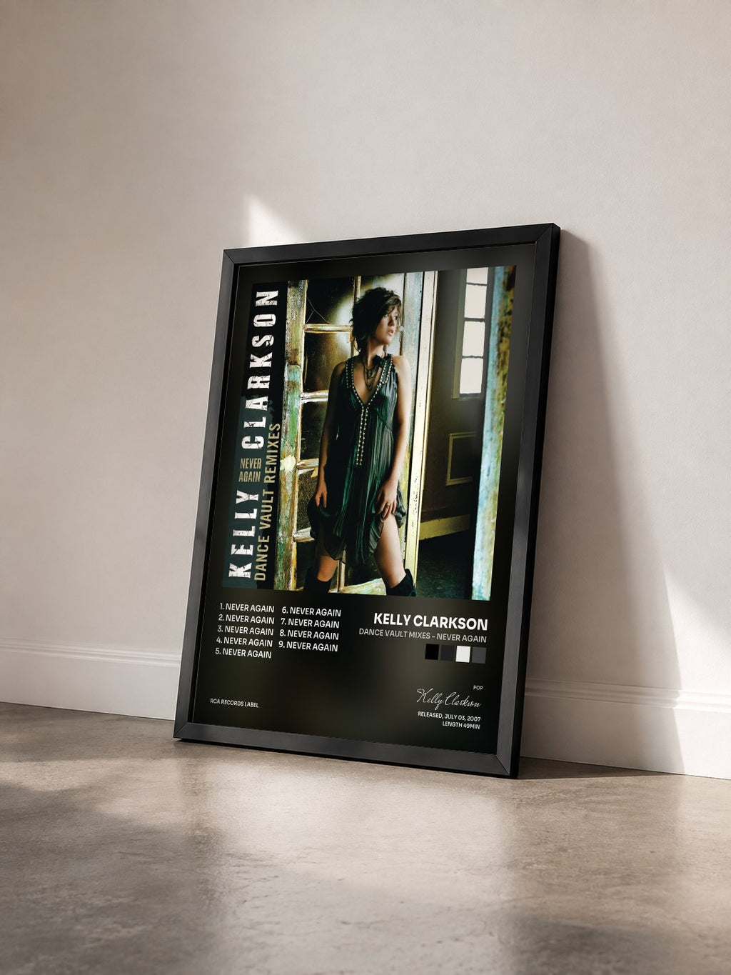 #noir Dance Vault Mixes - Never Again by Kelly Clarkson as a framed art print seen at an angle, black frame