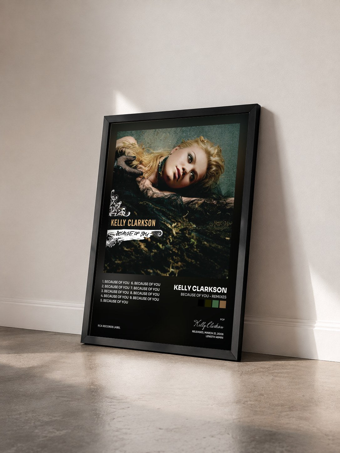#noir Tableau de l'album Because Of You - Remixes de Kelly Clarkson vu de trois quarts, cadre noir