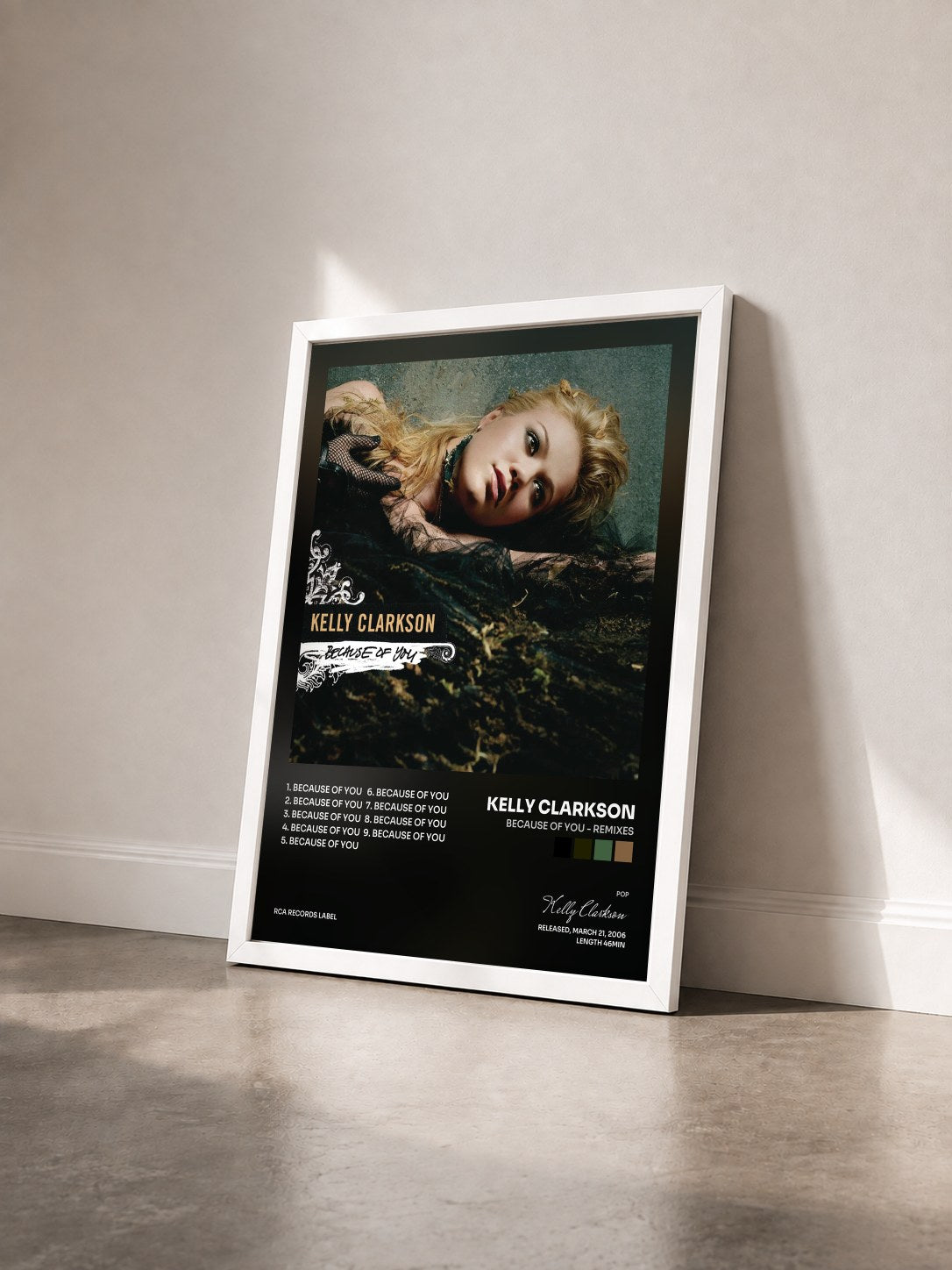 #blanc Tableau de l'album Because Of You - Remixes de Kelly Clarkson vu de trois quarts, cadre blanc