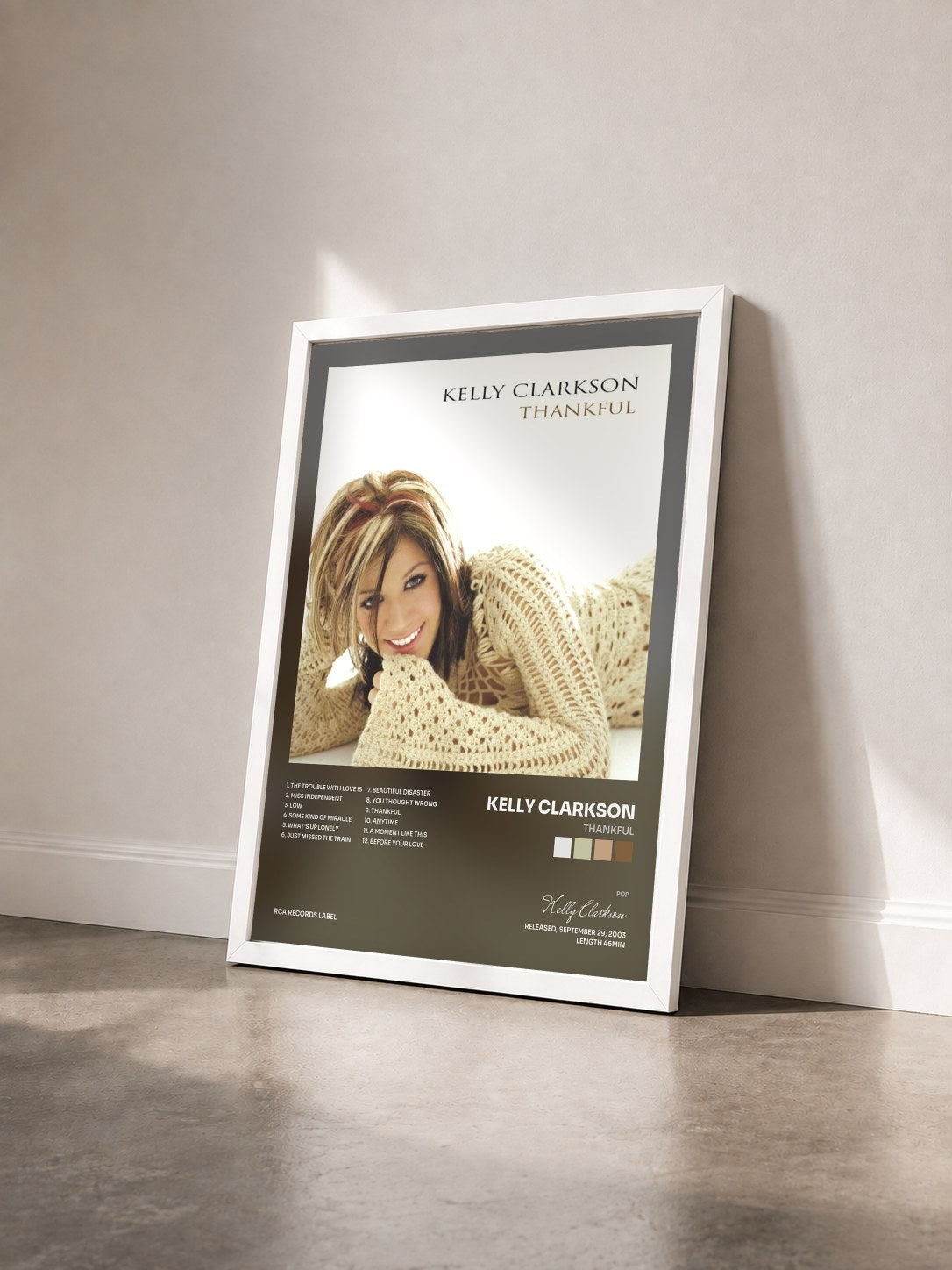 #blanc Tableau de l'album Thankful de Kelly Clarkson vu de trois quarts, cadre blanc