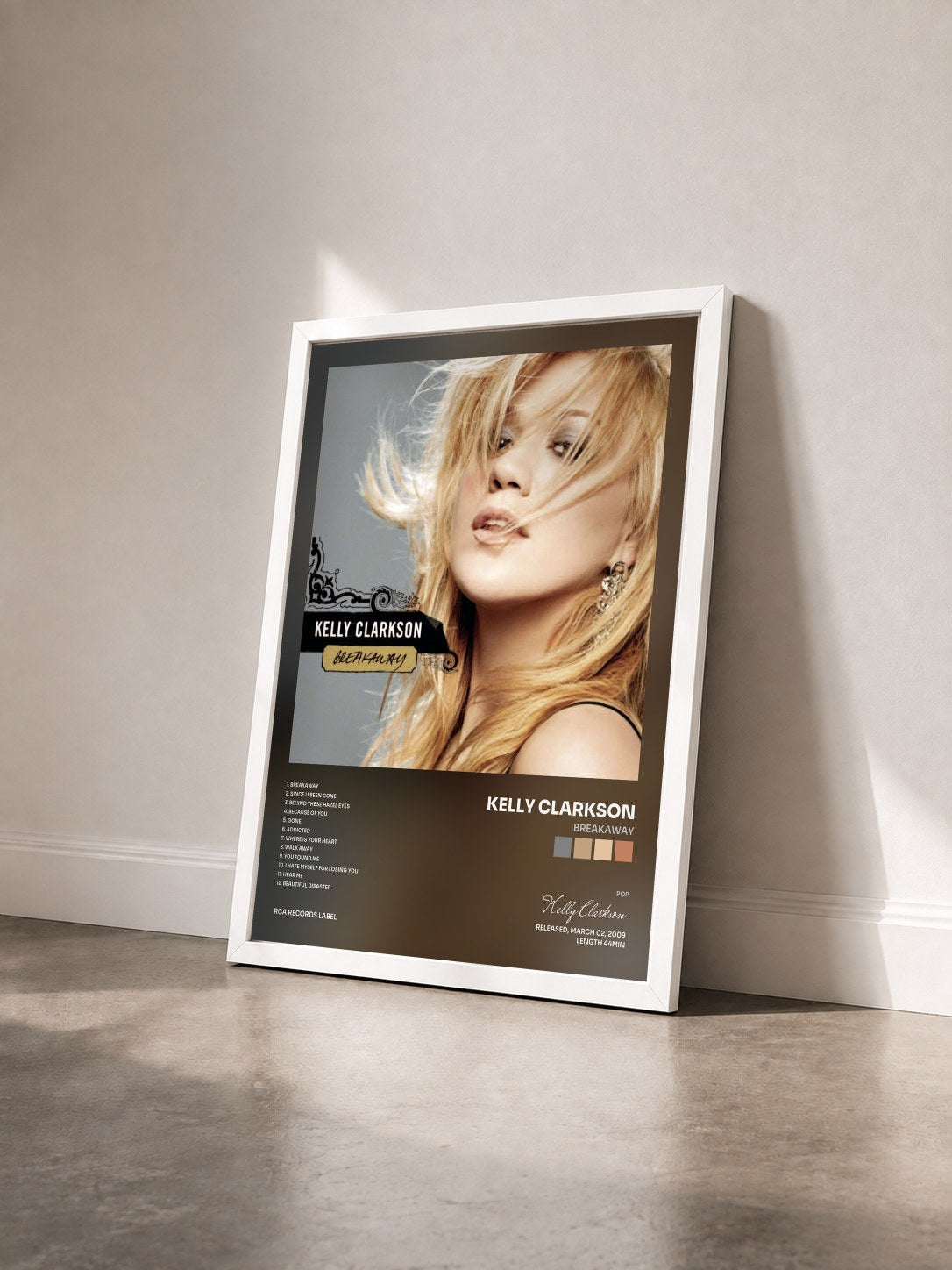 #blanc Tableau de l'album Breakaway de Kelly Clarkson vu de trois quarts, cadre blanc