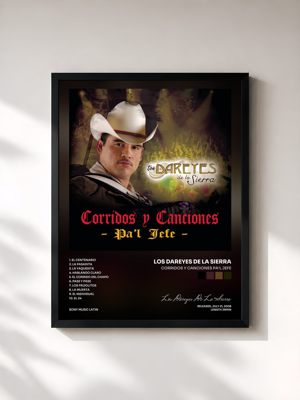 #noir Tableau de l'album Corridos Y Canciones Pa'l Jefe de Los Dareyes De La Sierra, cadre noir, imprimé et encadré en France