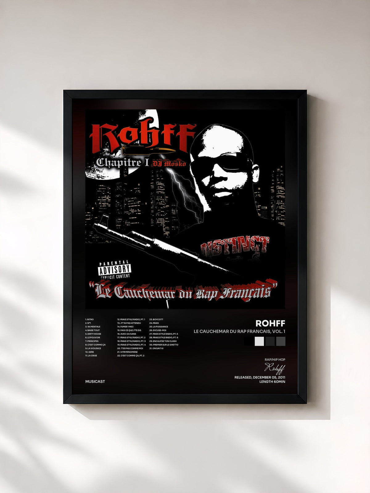 #noir Le cauchemar du rap francais, vol. 1 de Rohff en lámina enmarcada, marco negro, impresa y enmarcada en Francia