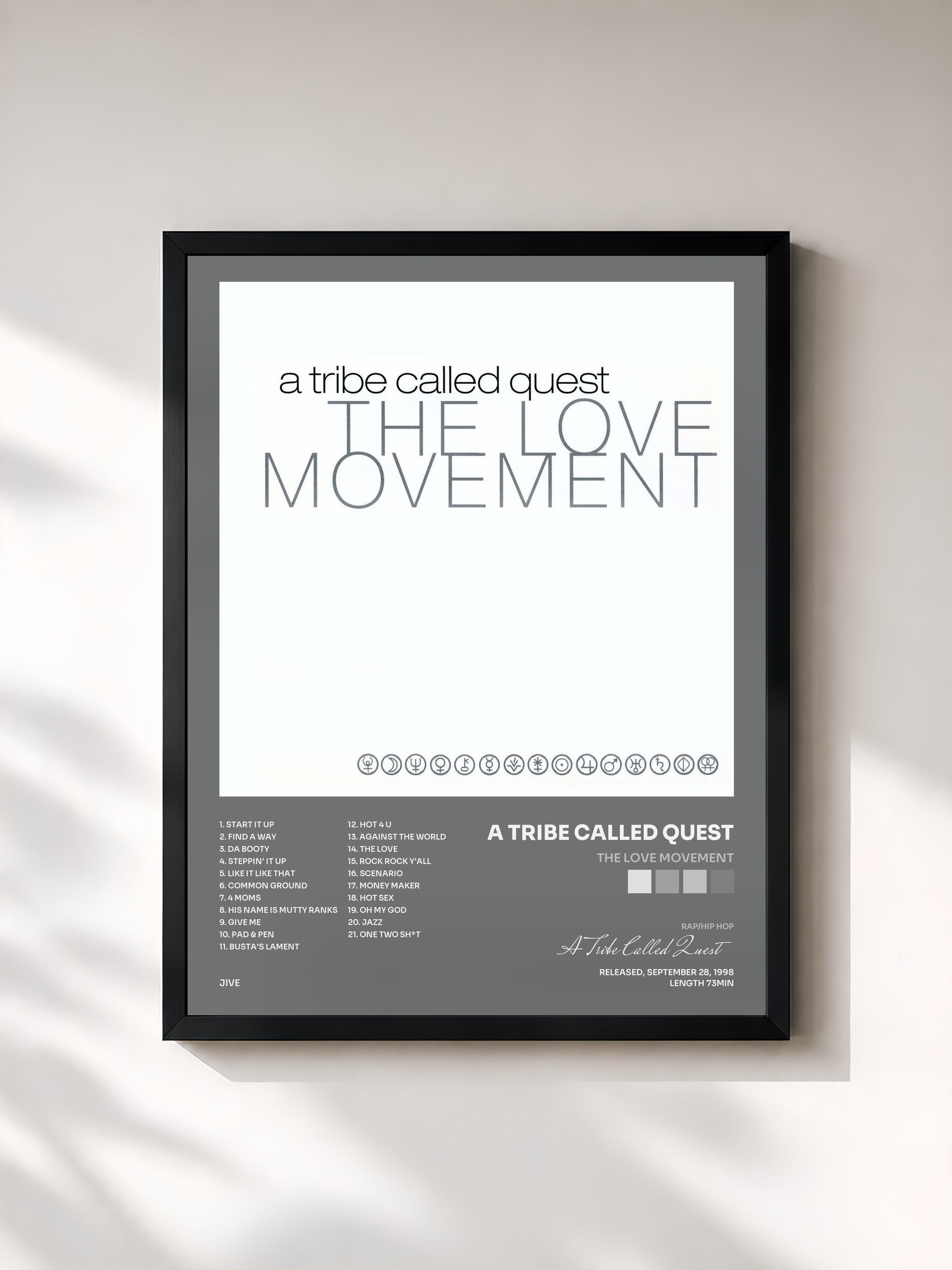 #noir Tableau de l'album The Love Movement de A Tribe Called Quest, cadre noir, imprimé et encadré en France