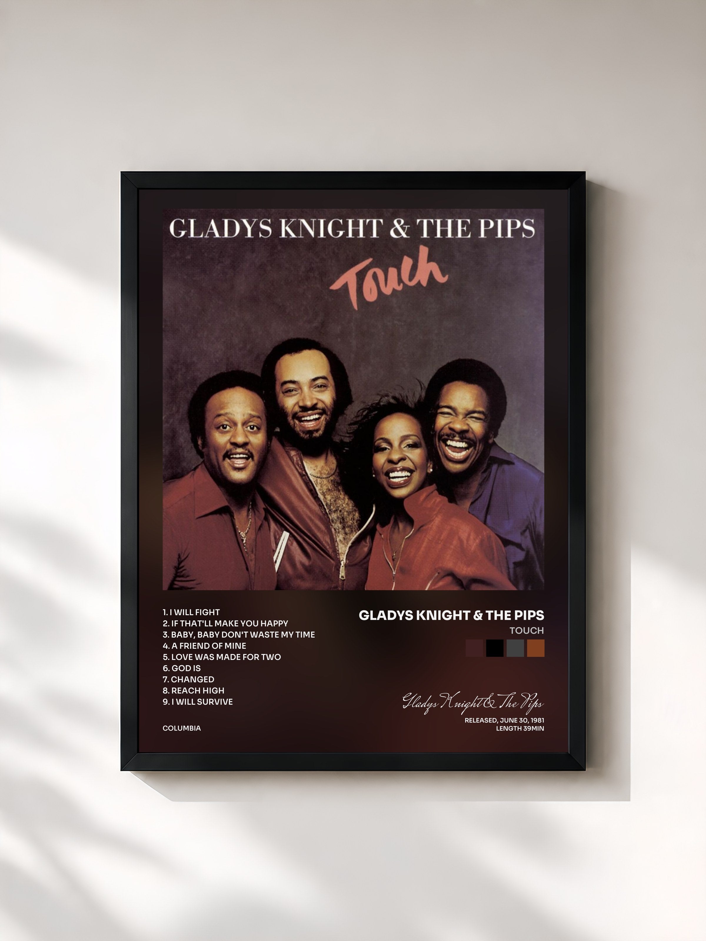 #noir Tableau de l'album Touch de Gladys Knight & The Pips, cadre noir, imprimé et encadré en France
