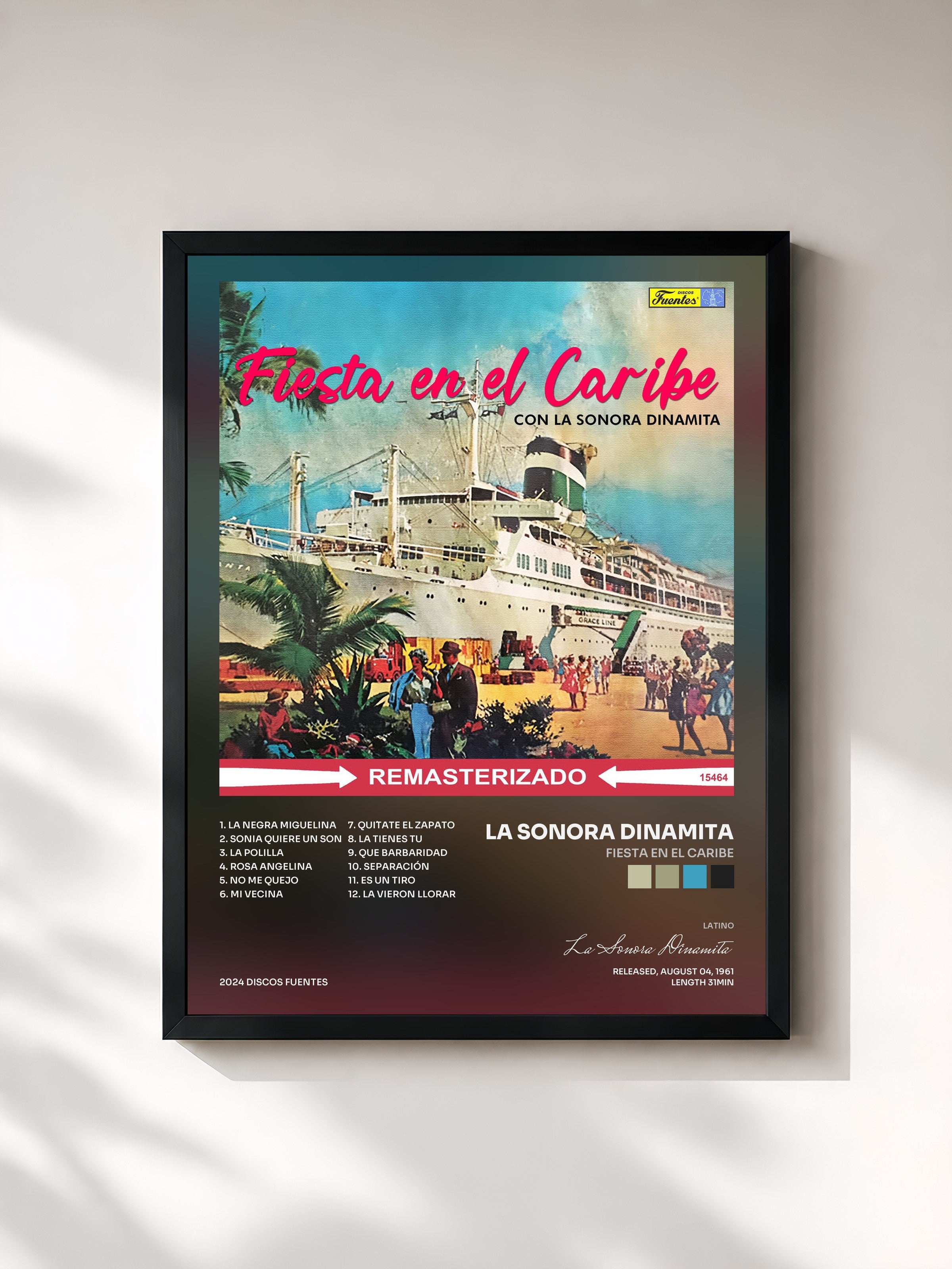 #noir Tableau de l'album Fiesta en El Caribe de La Sonora Dinamita, cadre noir, imprimé et encadré en France