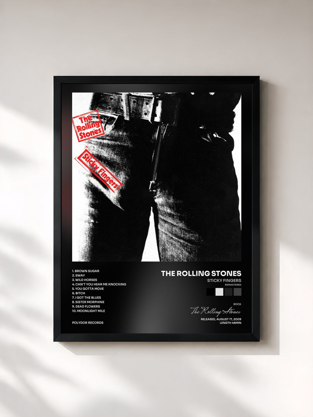 #noir Tableau de l'album Sticky Fingers (Remastered) de The Rolling Stones, cadre noir, imprimé et encadré en France