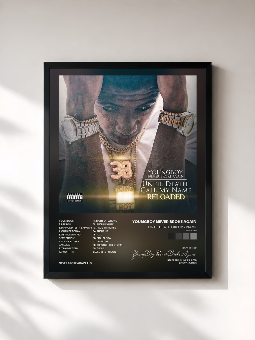 #noir Tableau de l'album Until Death Call My Name (Reloaded) de YoungBoy Never Broke Again, cadre noir, imprimé et encadré en France