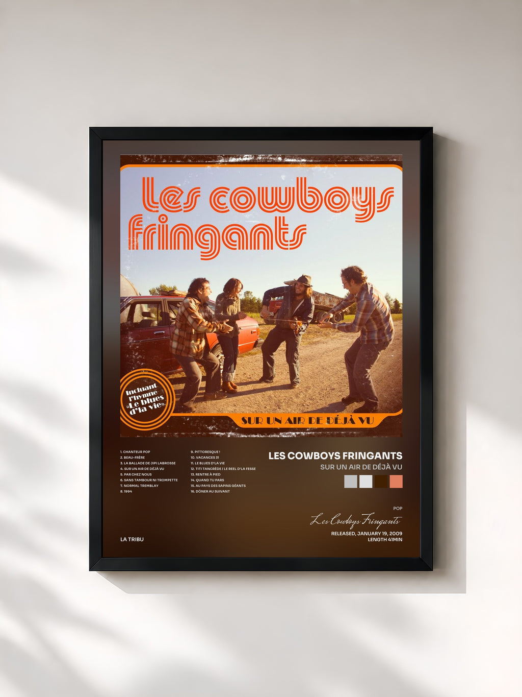 #noir Tableau de l'album Sur un air de déjà vu de Les Cowboys Fringants, cadre noir, imprimé et encadré en France