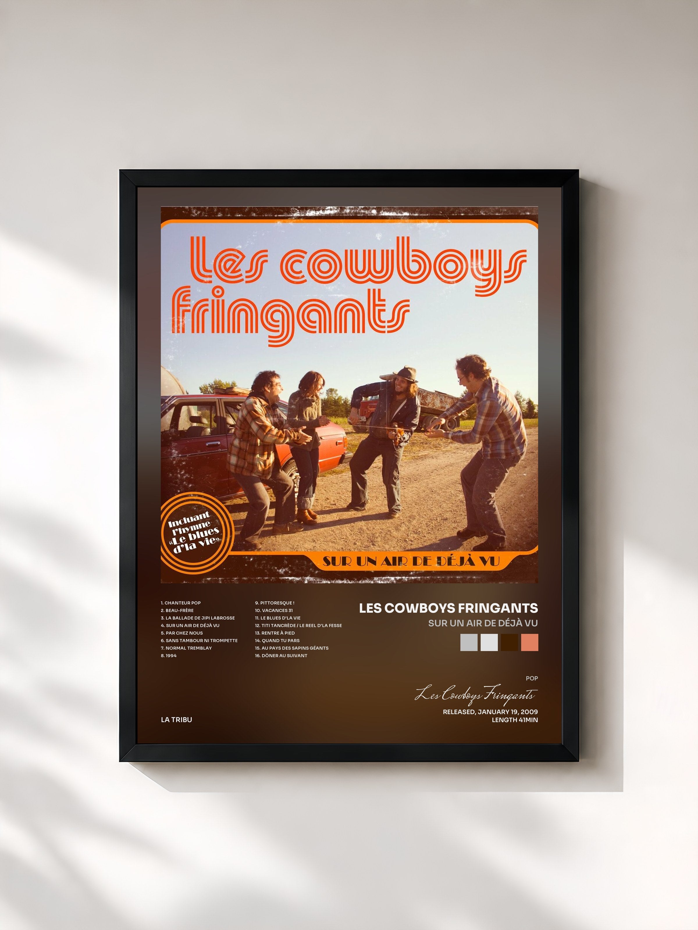 #noir Tableau de l'album Sur un air de déjà vu de Les Cowboys Fringants, cadre noir, imprimé et encadré en France