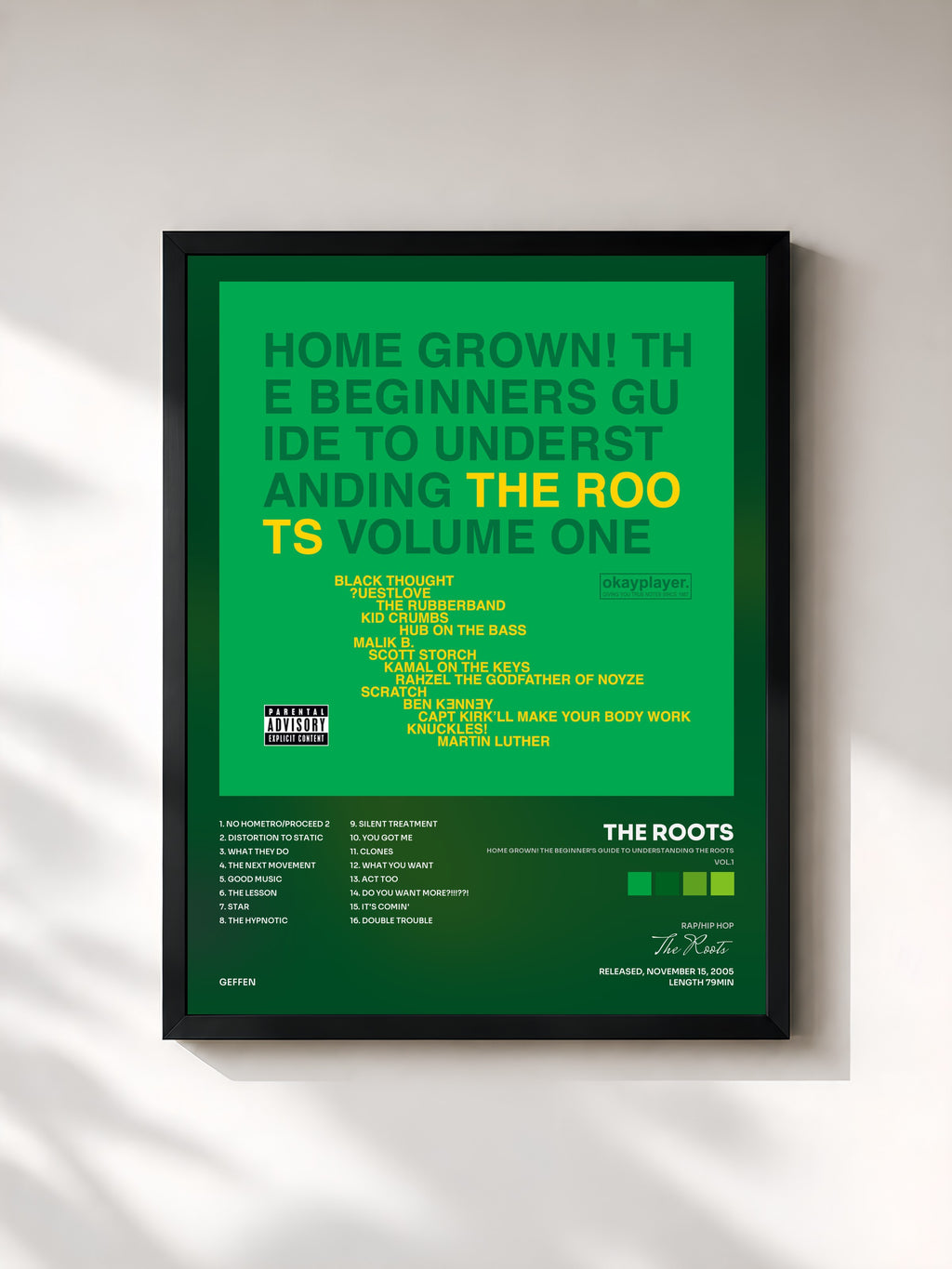 #noir Tableau de l'album Home Grown! The Beginner's Guide To Understanding The Roots (Vol.1) de The Roots, cadre noir, imprimé et encadré en France