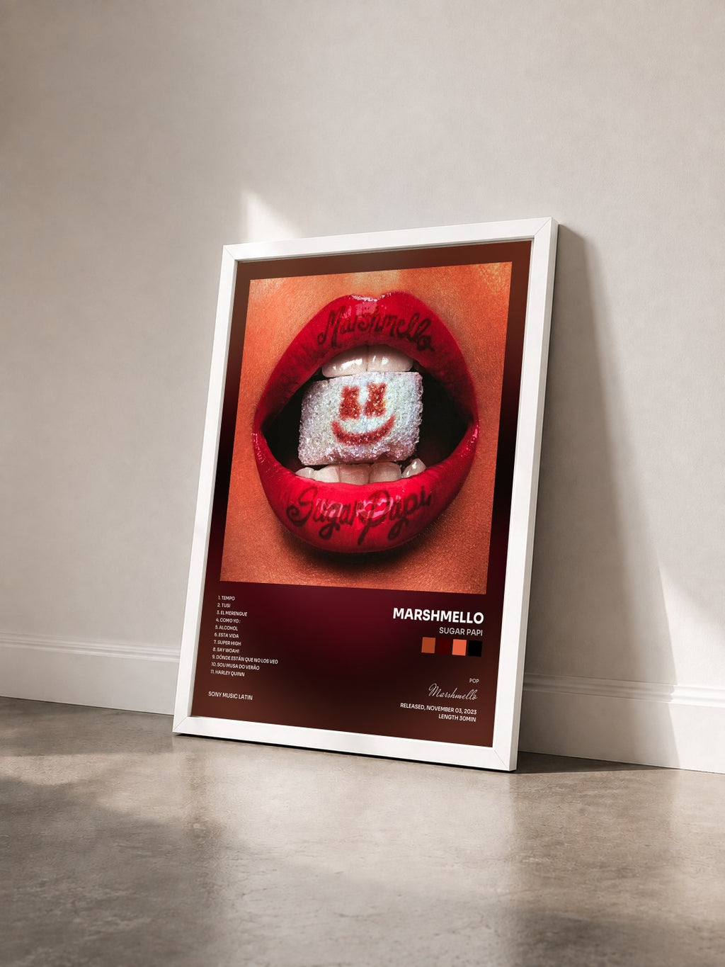 #blanc Tableau de l'album Sugar Papi de Marshmello vu de trois quarts, cadre blanc