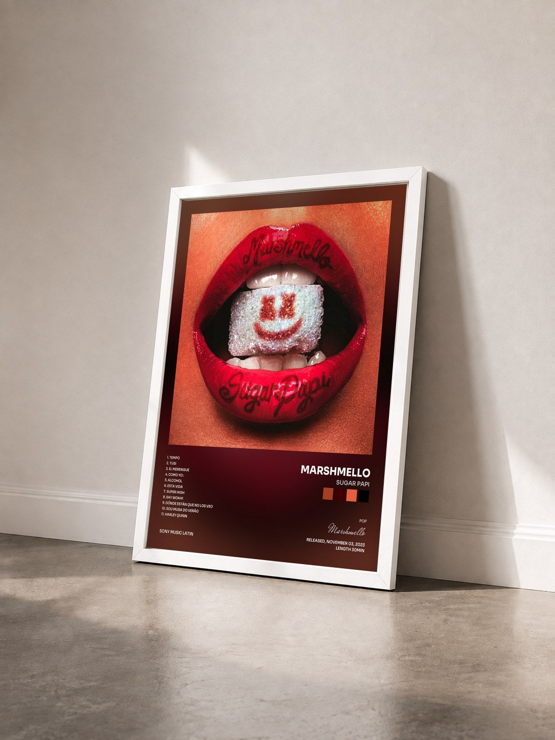 #blanc Tableau de l'album Sugar Papi de Marshmello vu de trois quarts, cadre blanc