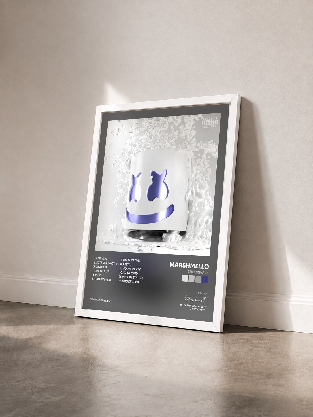 #blanc Tableau de l'album Shockwave de Marshmello vu de trois quarts, cadre blanc
