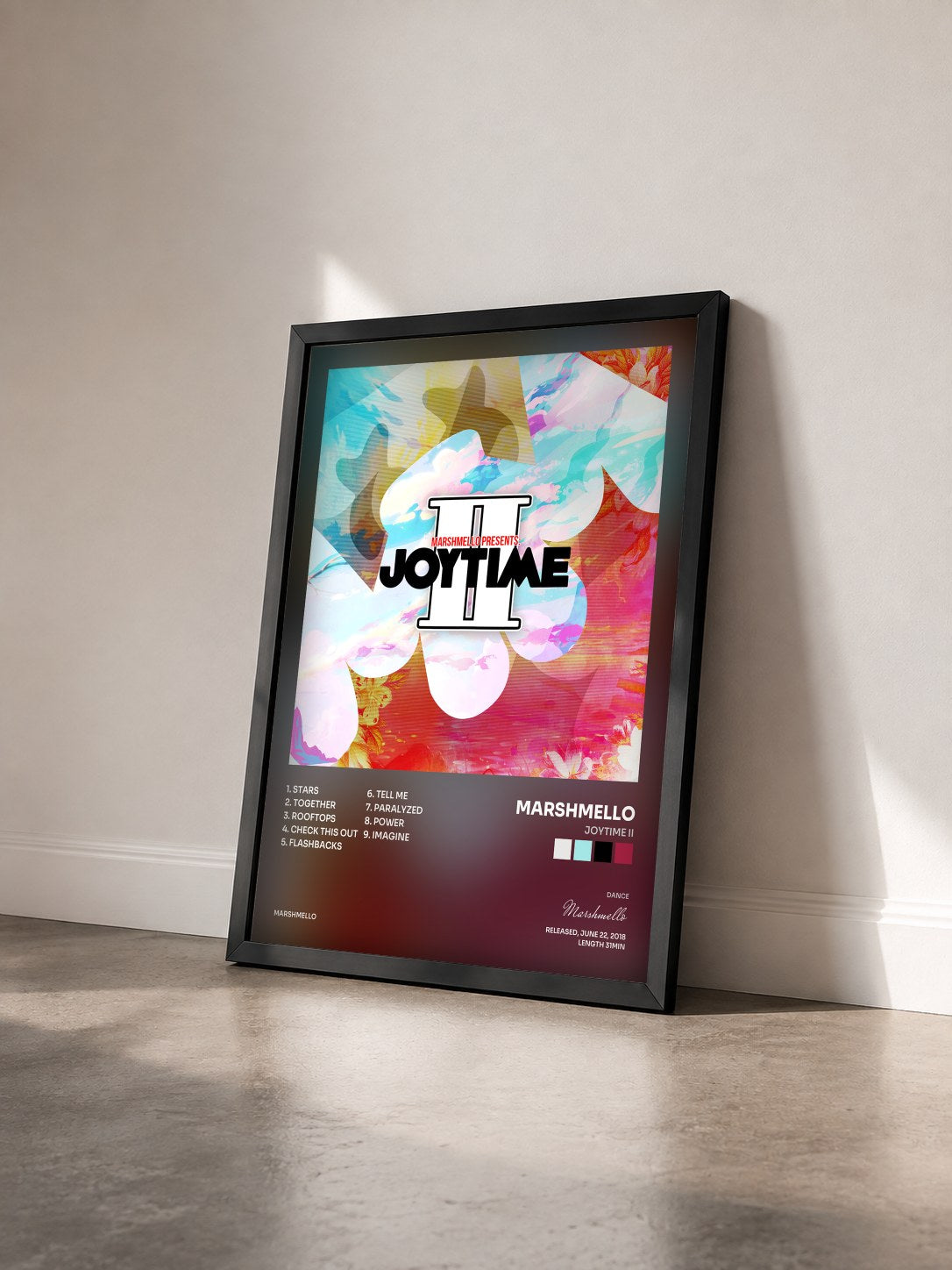 #noir Tableau de l'album Joytime II de Marshmello vu de trois quarts, cadre noir