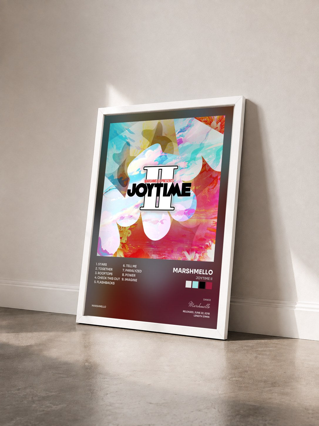 #blanc Tableau de l'album Joytime II de Marshmello vu de trois quarts, cadre blanc