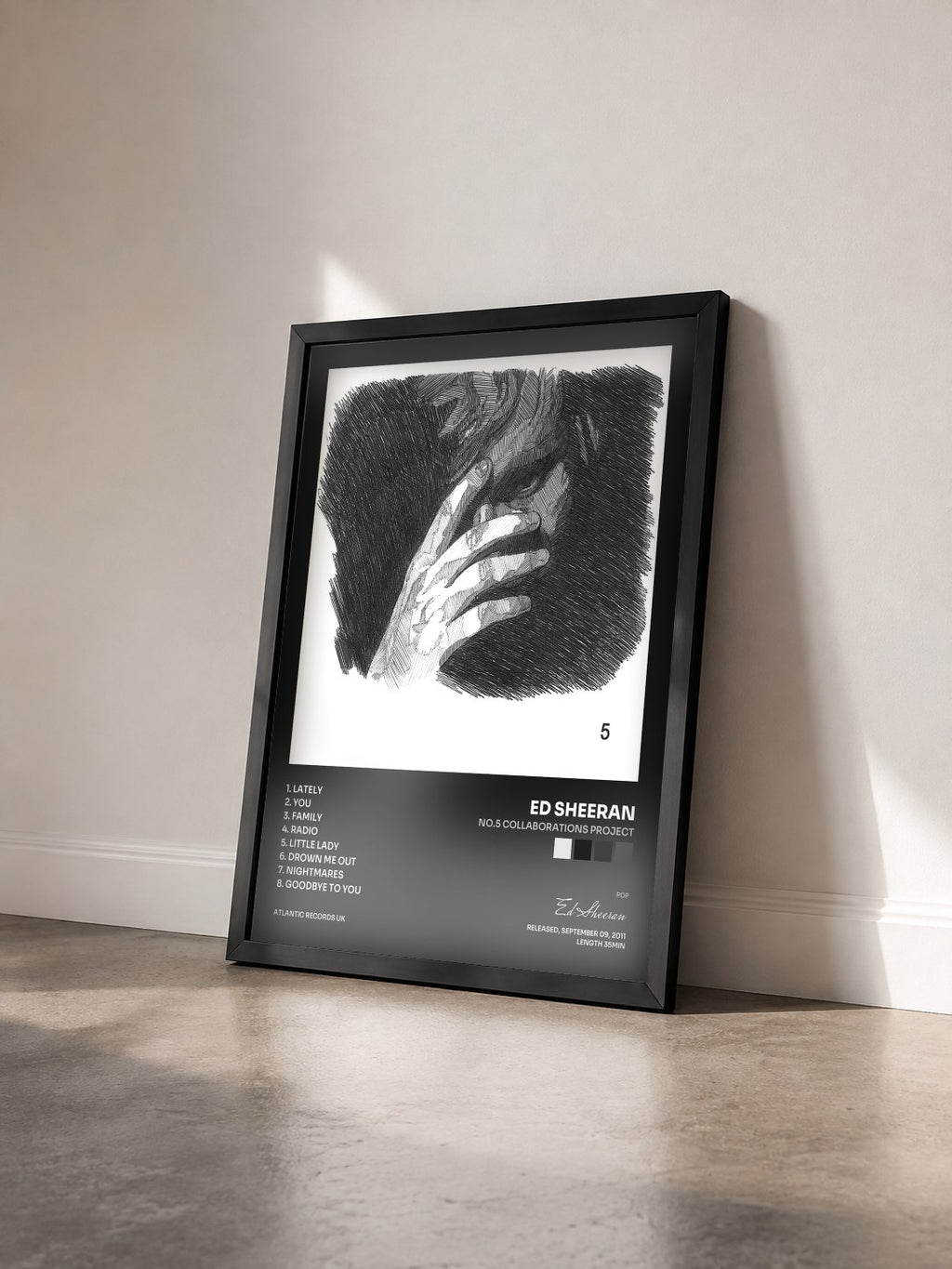 #noir Tableau de l'album No.5 Collaborations Project de Ed Sheeran vu de trois quarts, cadre noir
