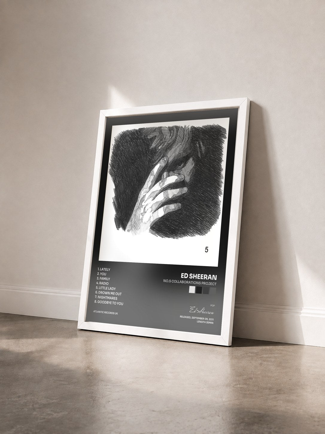 #blanc Tableau de l'album No.5 Collaborations Project de Ed Sheeran vu de trois quarts, cadre blanc