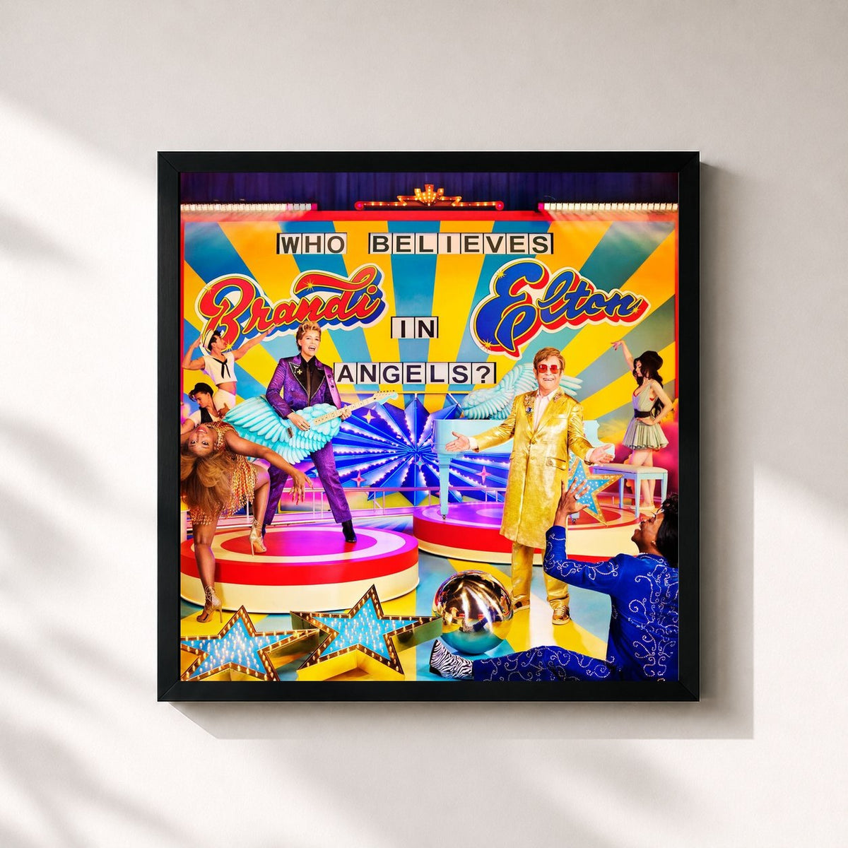 #noir Tableau carré de l'album Who Believes In Angels? de Elton John, cadre noir 32x32 cm