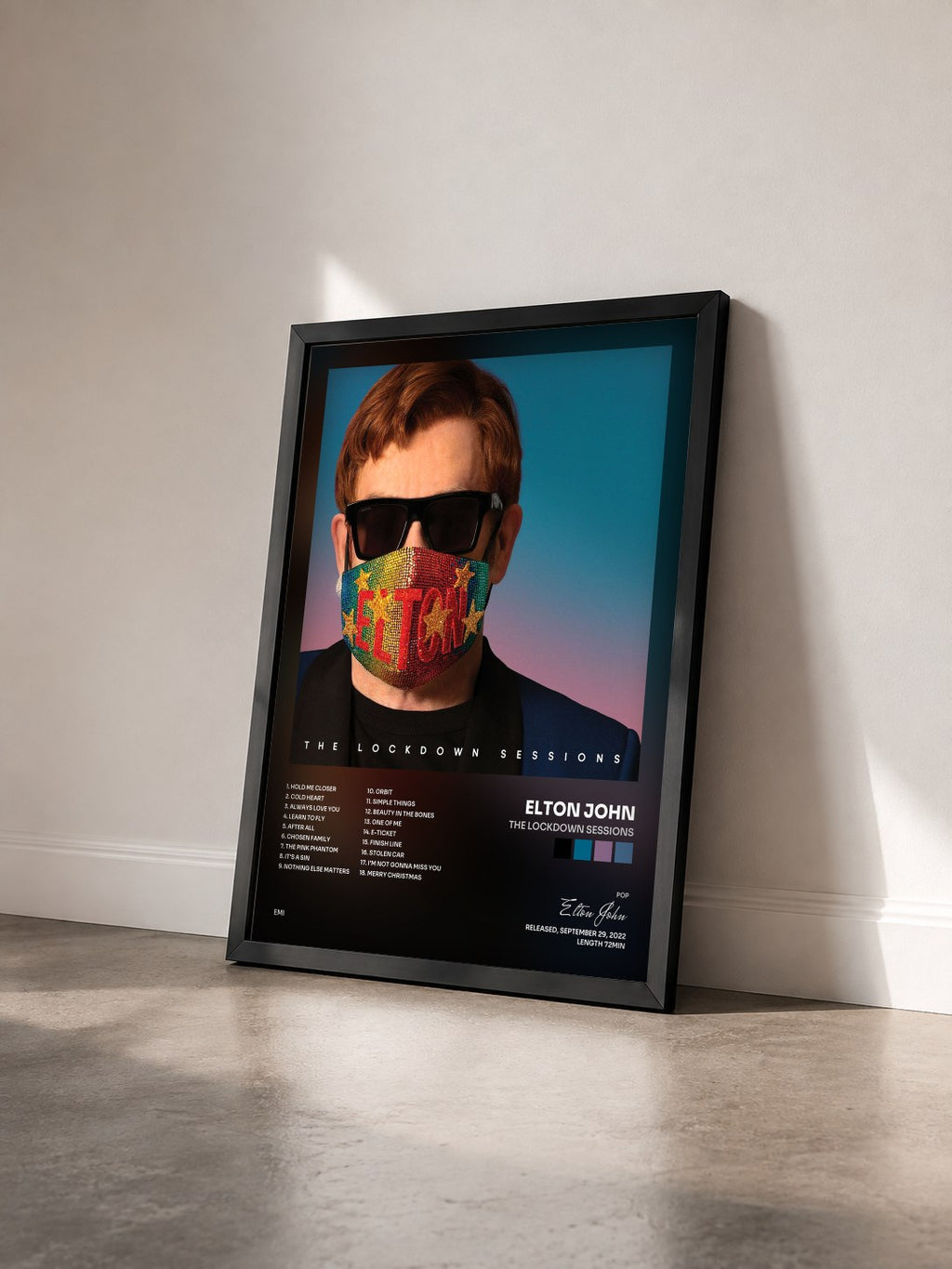 #noir Tableau de l'album The Lockdown Sessions de Elton John vu de trois quarts, cadre noir