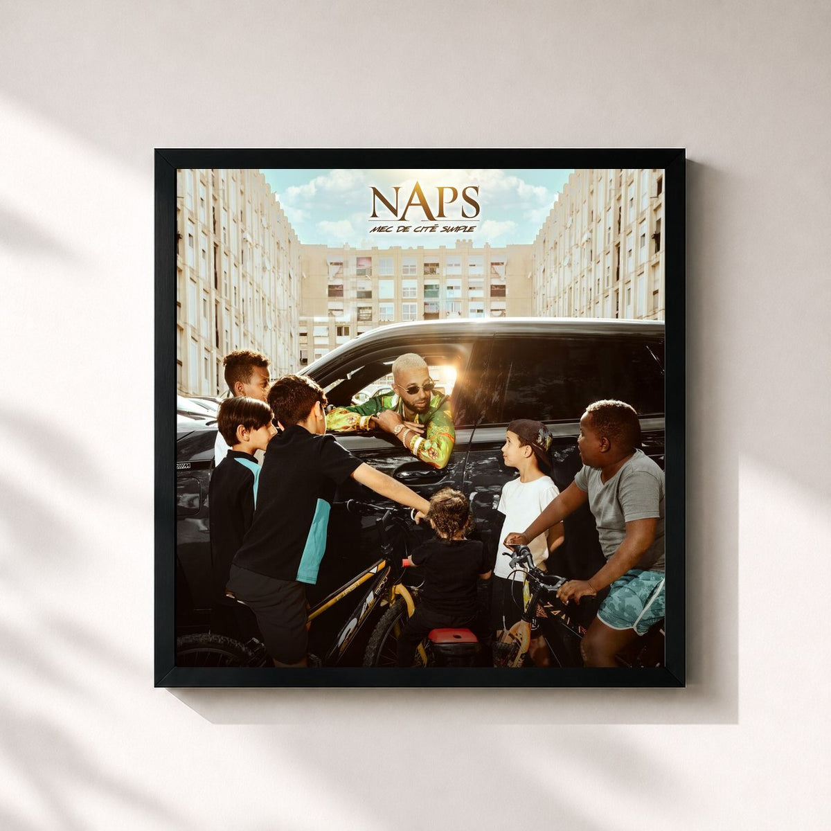 #noir Tableau carré de l'album MEC DE CITÉ SIMPLE de Naps, cadre noir 32x32 cm