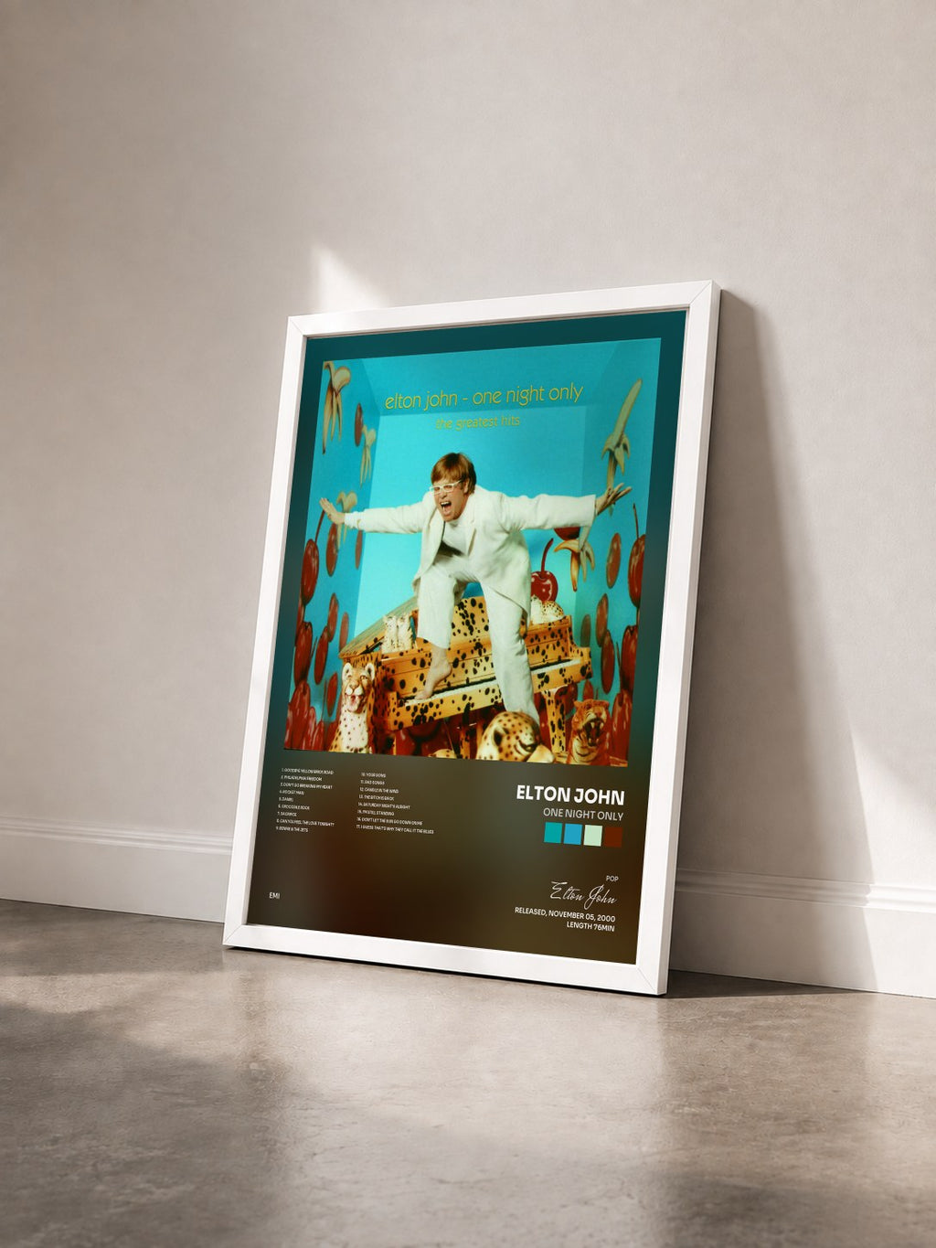 #blanc Tableau de l'album One Night Only de Elton John vu de trois quarts, cadre blanc