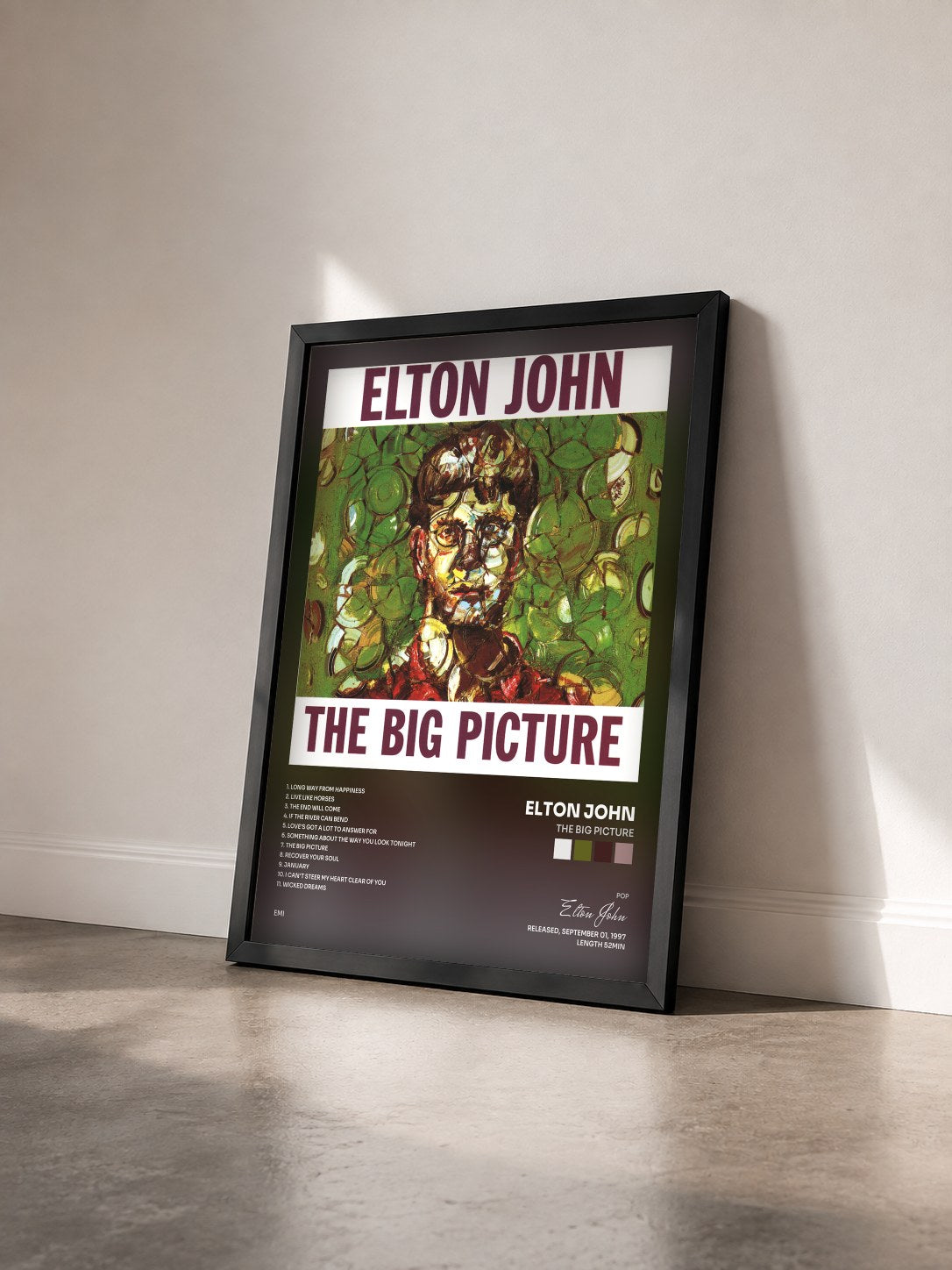 #noir Tableau de l'album The Big Picture de Elton John vu de trois quarts, cadre noir