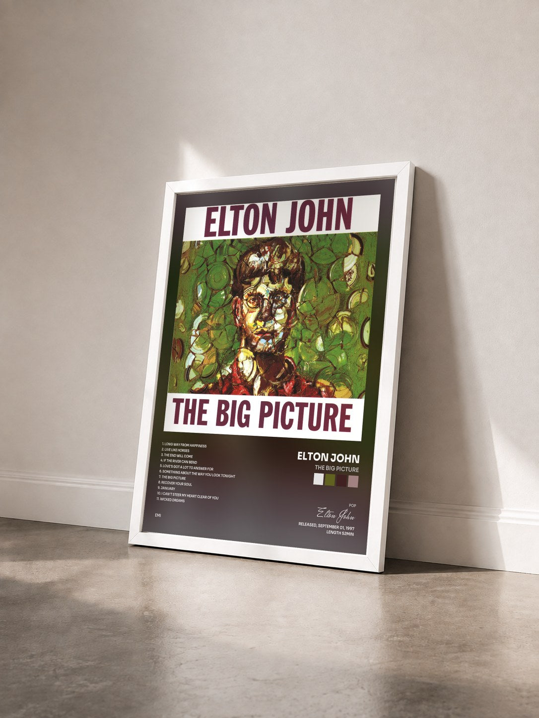 #blanc Tableau de l'album The Big Picture de Elton John vu de trois quarts, cadre blanc