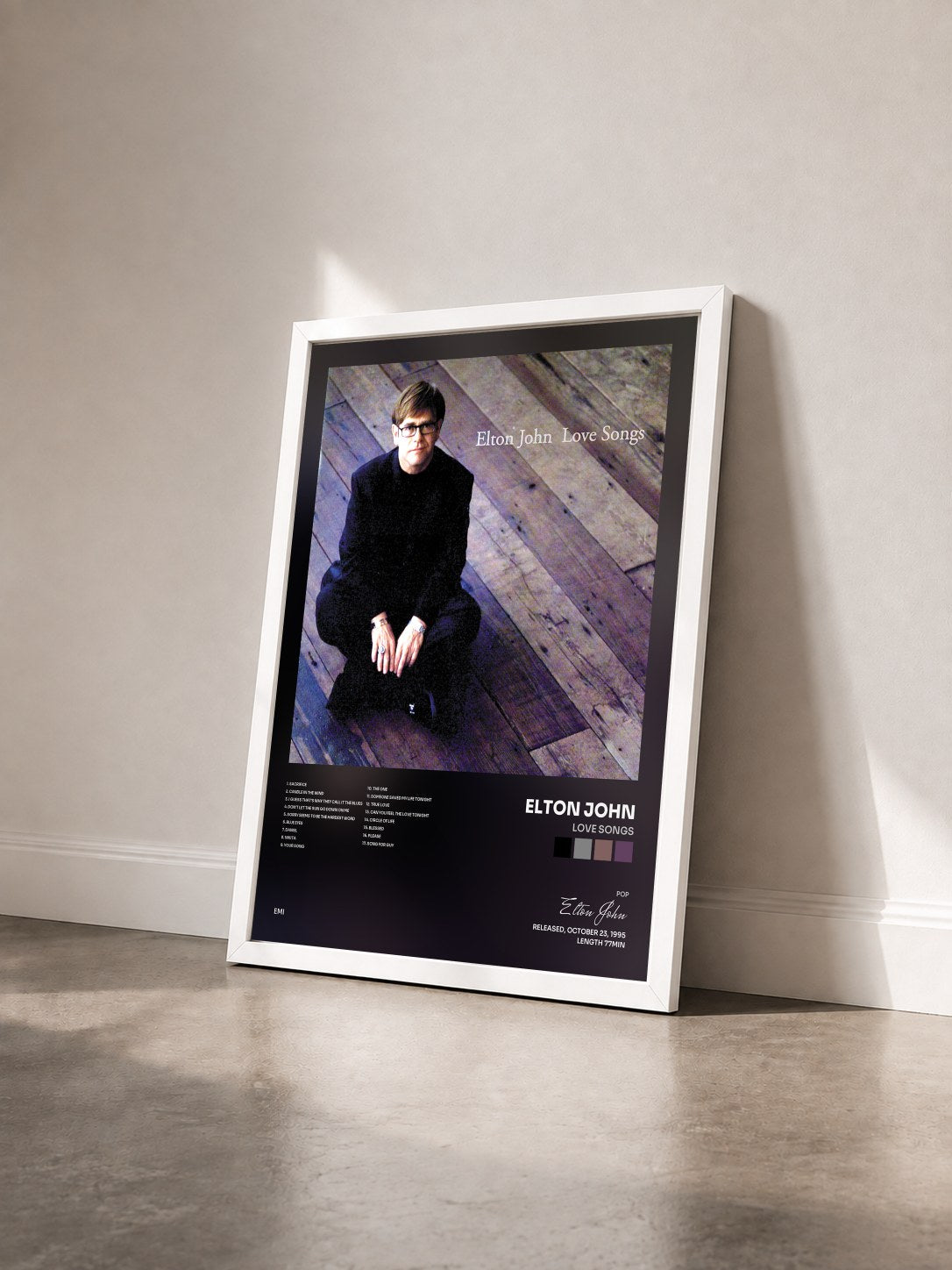 #blanc Tableau de l'album Love Songs de Elton John vu de trois quarts, cadre blanc