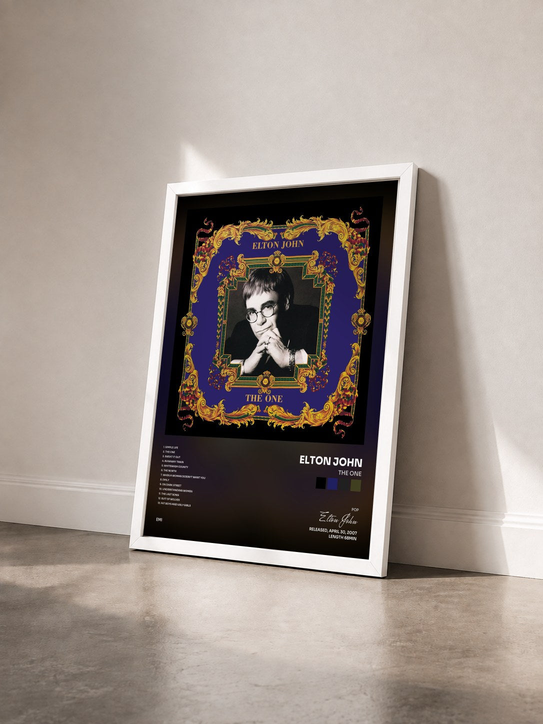 #blanc Tableau de l'album The One de Elton John vu de trois quarts, cadre blanc