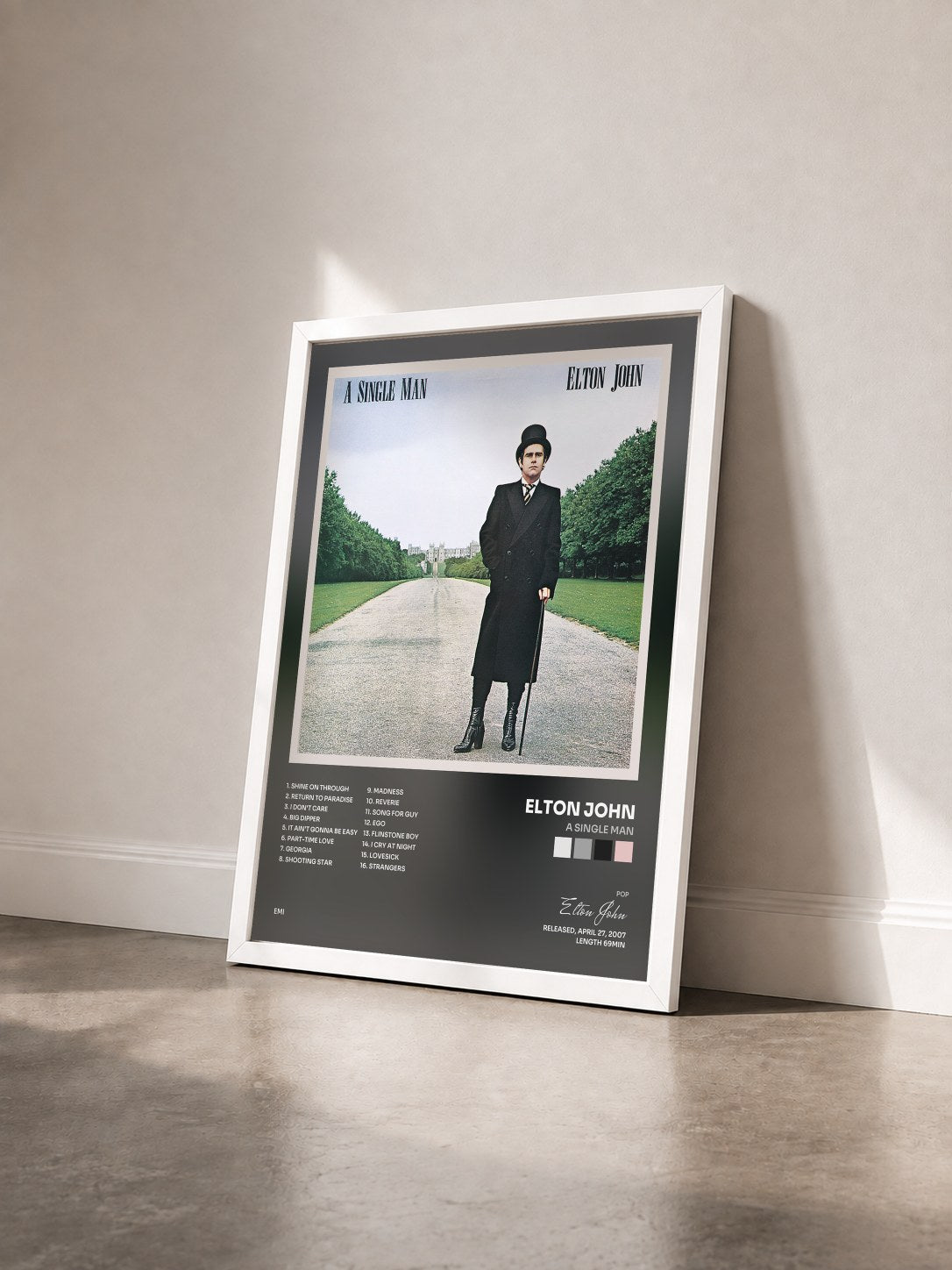 #blanc Tableau de l'album A Single Man de Elton John vu de trois quarts, cadre blanc