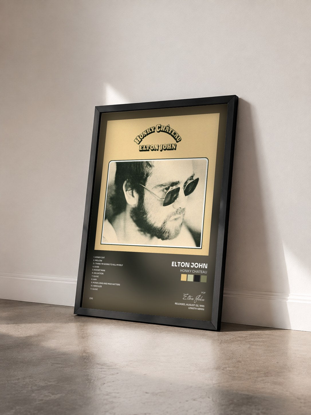 #noir Tableau de l'album Honky Chateau de Elton John vu de trois quarts, cadre noir