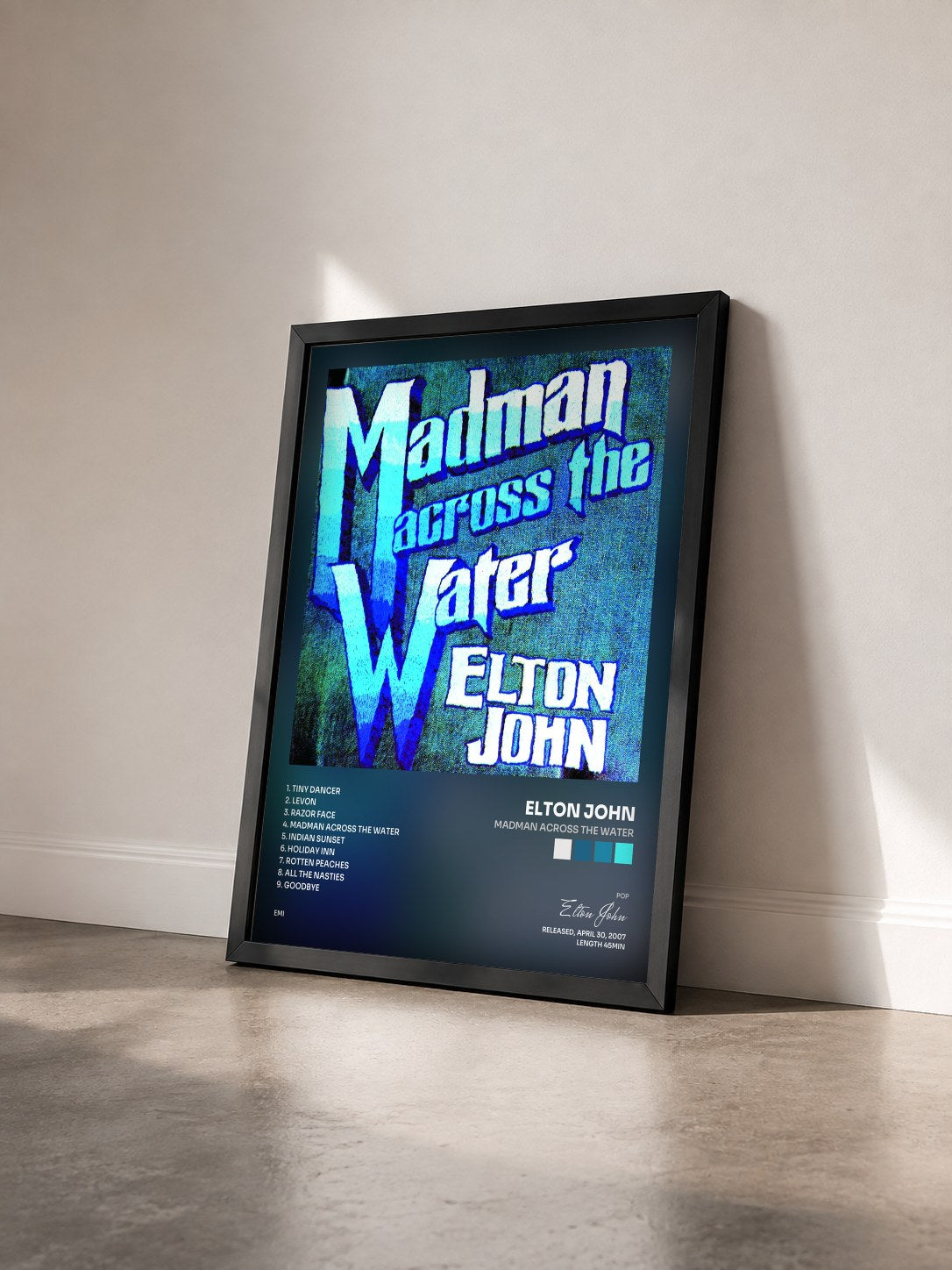 #noir Tableau de l'album Madman Across The Water de Elton John vu de trois quarts, cadre noir
