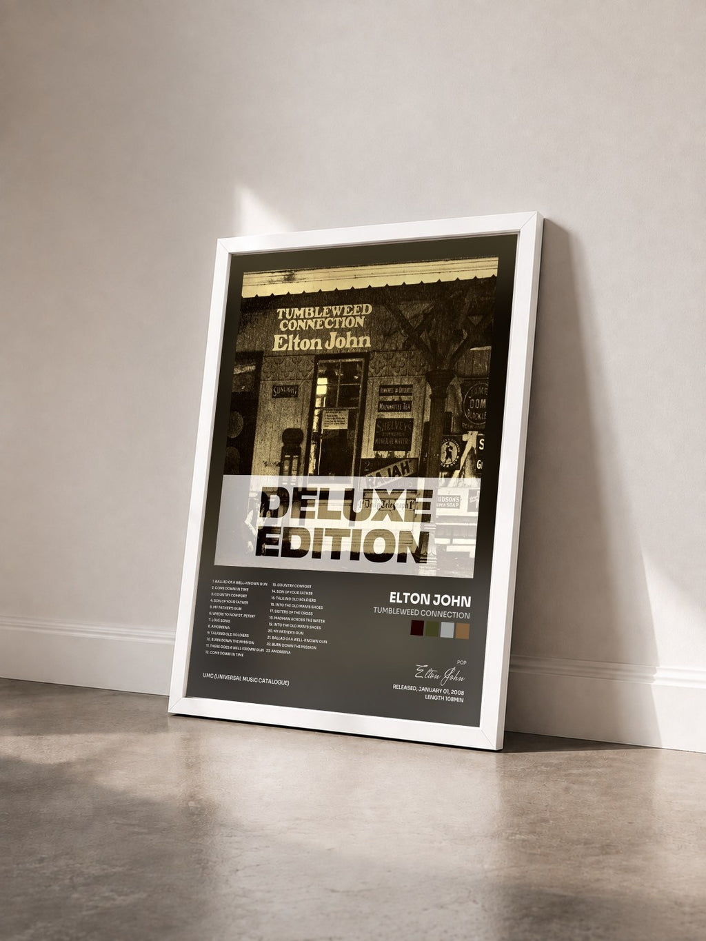 #blanc Tableau de l'album Tumbleweed Connection de Elton John vu de trois quarts, cadre blanc