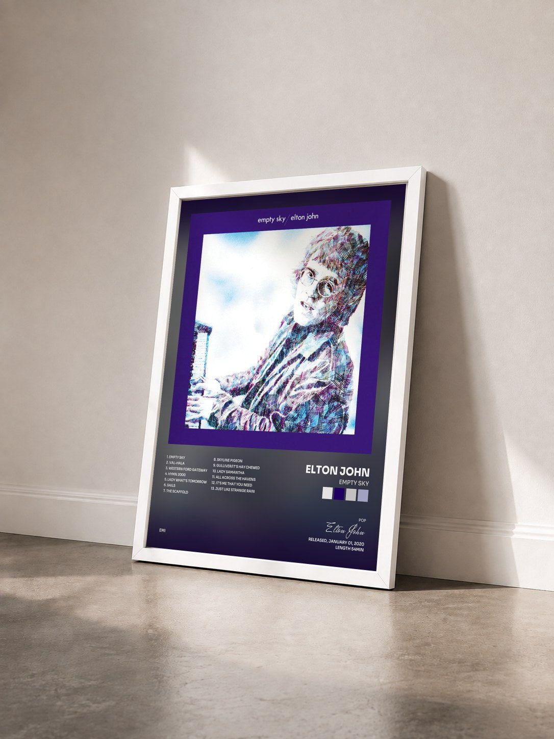 #blanc Tableau de l'album Empty Sky de Elton John vu de trois quarts, cadre blanc