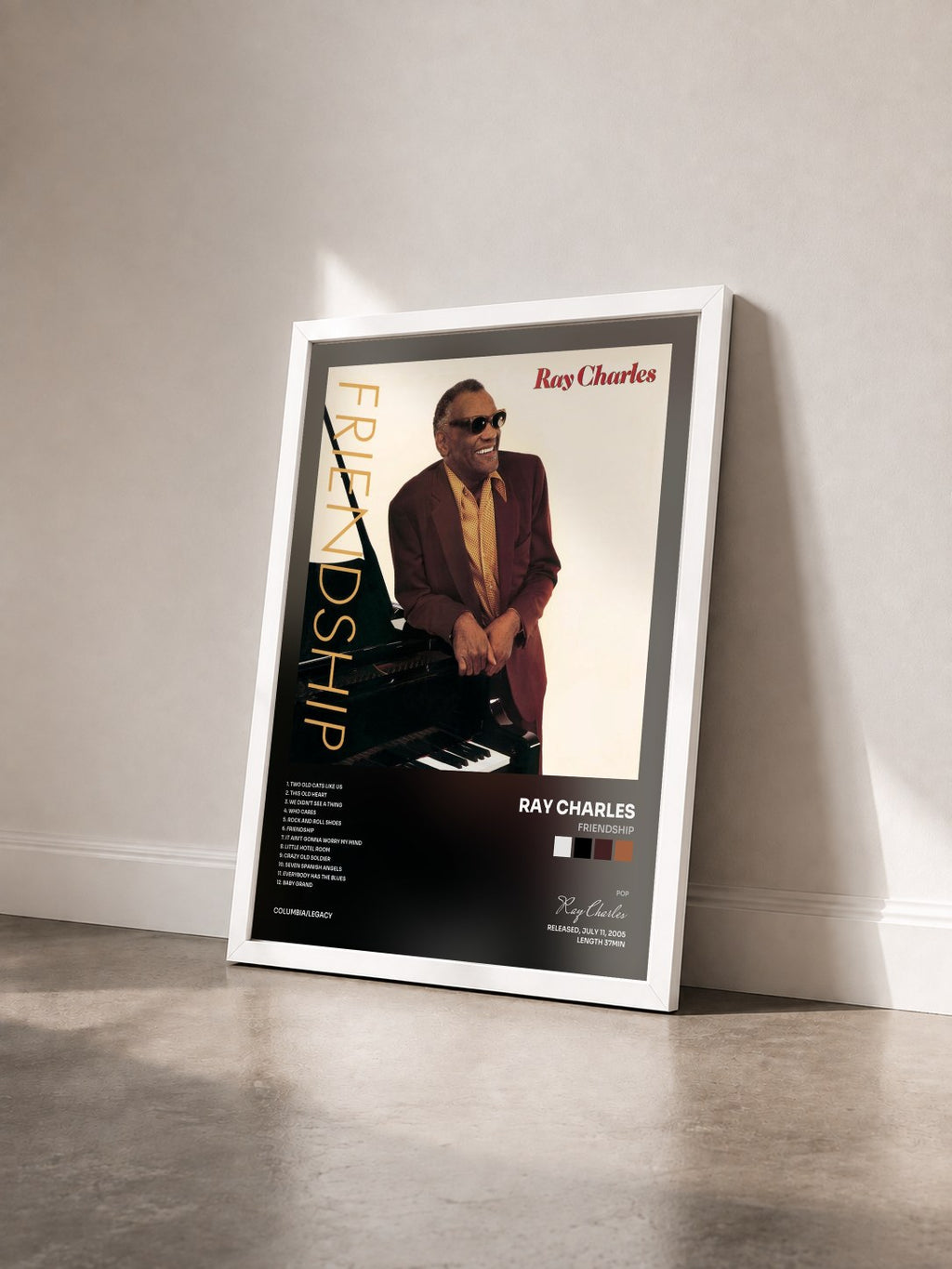#blanc Tableau de l'album Friendship de Ray Charles vu de trois quarts, cadre blanc