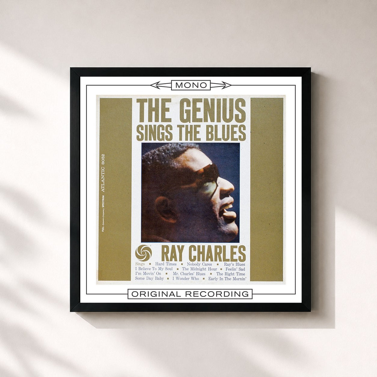 #noir Tableau carré de l'album The Genius Sings the Blues (Mono) de Ray Charles, cadre noir 32x32 cm