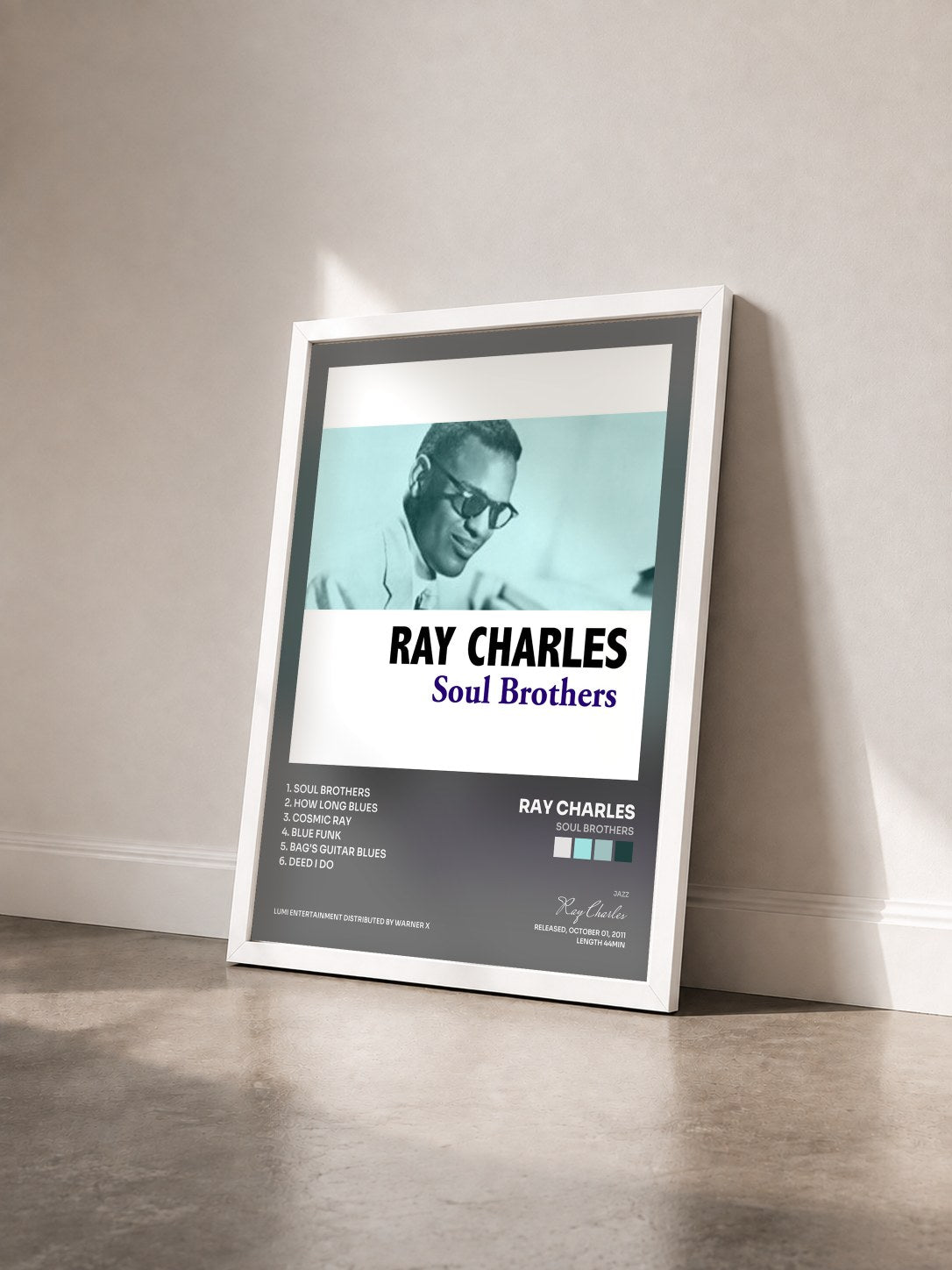 #blanc Tableau de l'album Soul Brothers de Ray Charles vu de trois quarts, cadre blanc