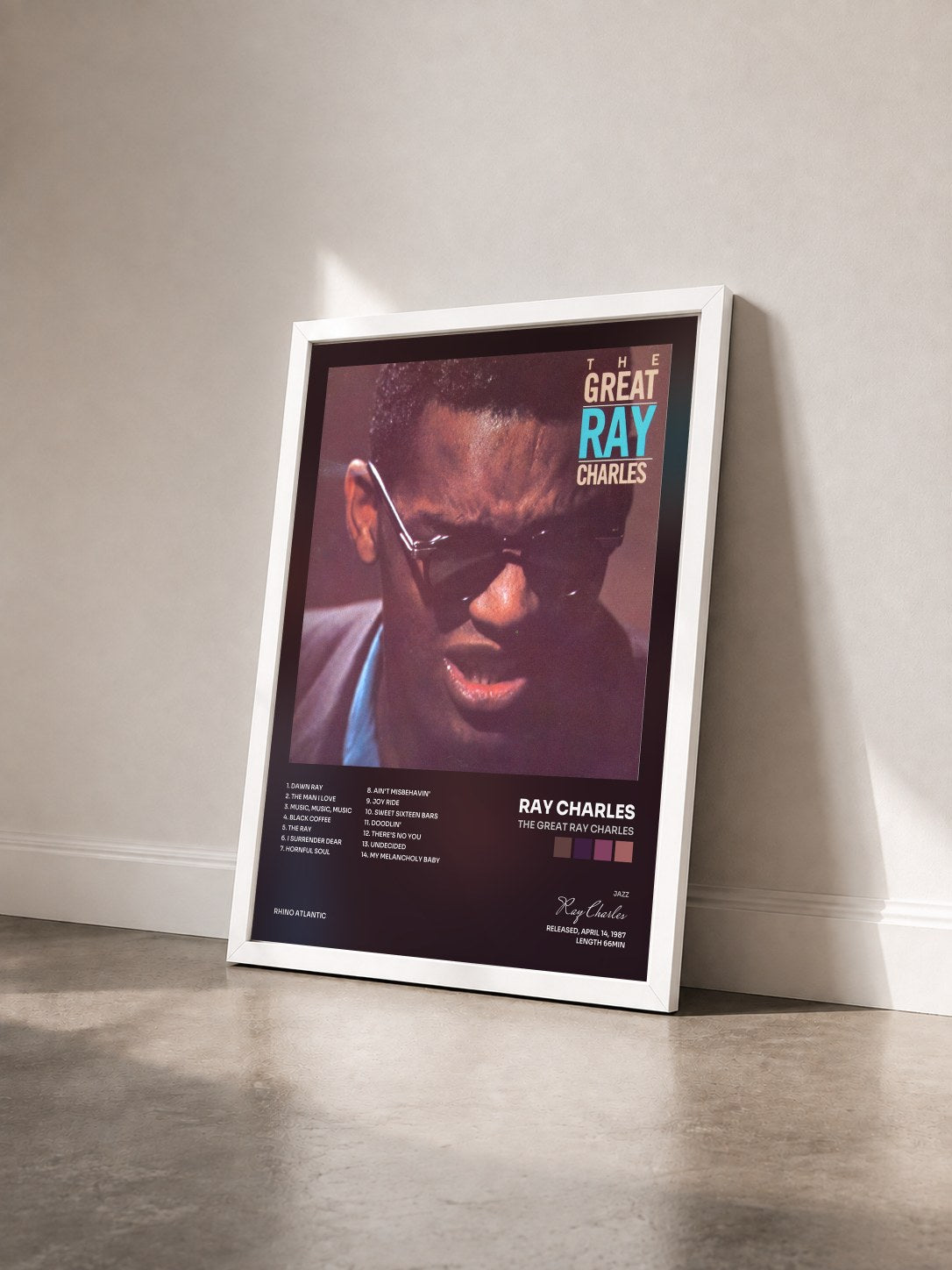 #blanc Tableau de l'album The Great Ray Charles de Ray Charles vu de trois quarts, cadre blanc