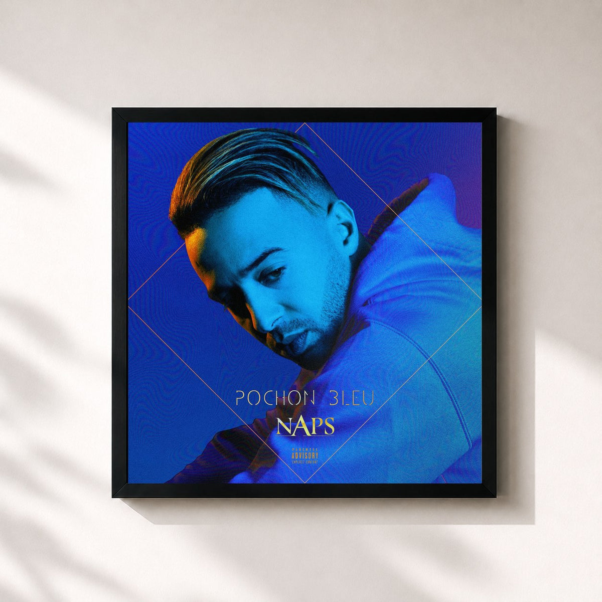 #noir Tableau carré de l'album Pochon bleu de Naps, cadre noir 32x32 cm