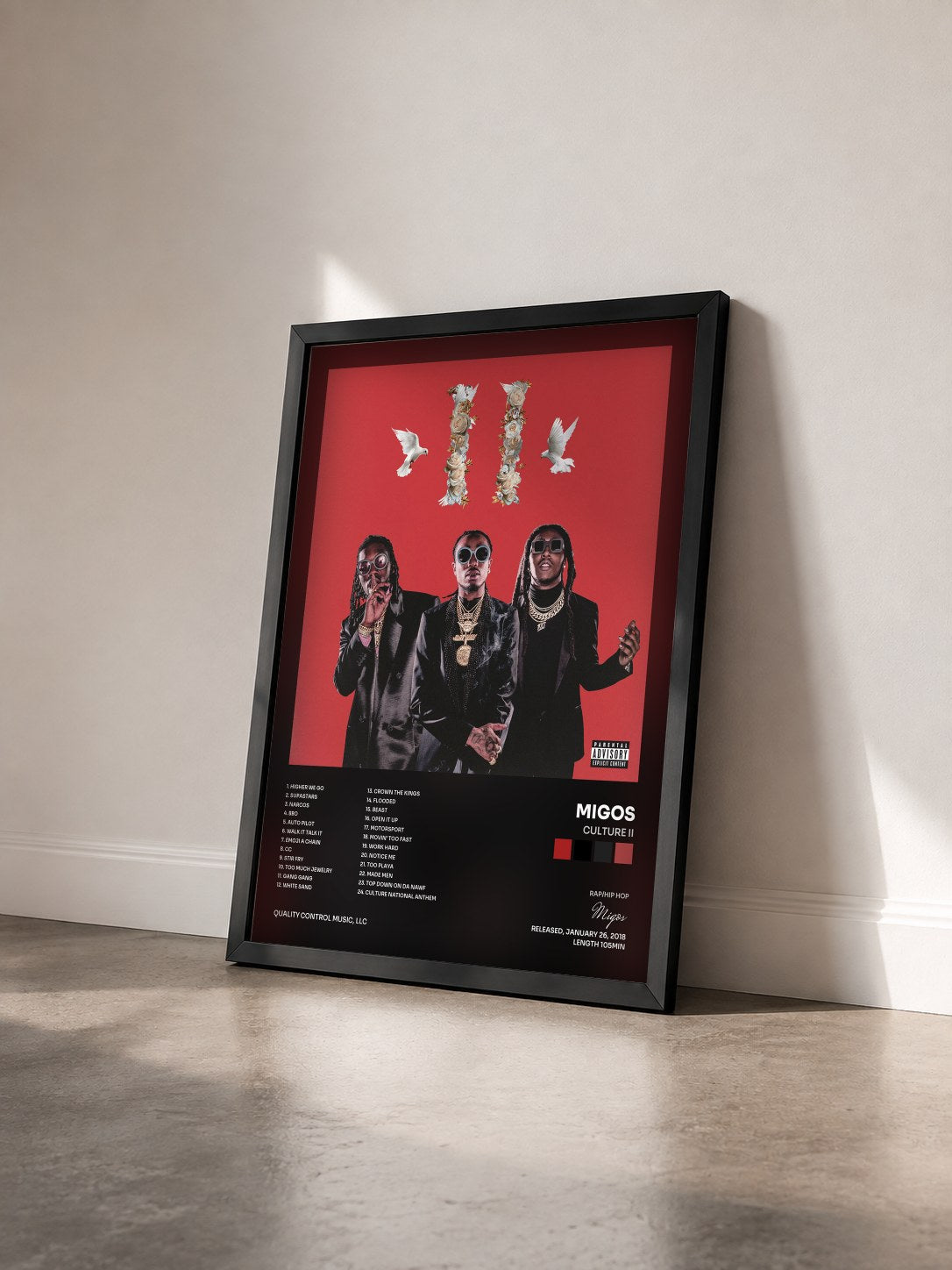 #noir Culture II di Migos in stampa incorniciata vista di tre quarti, cornice nera