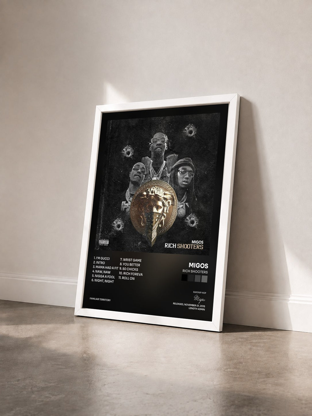 #blanc Tableau de l'album Rich Shooters de Migos vu de trois quarts, cadre blanc